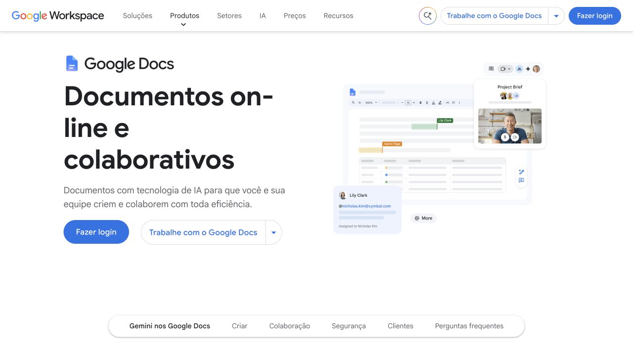 Página da Google Docs com edição de documentos