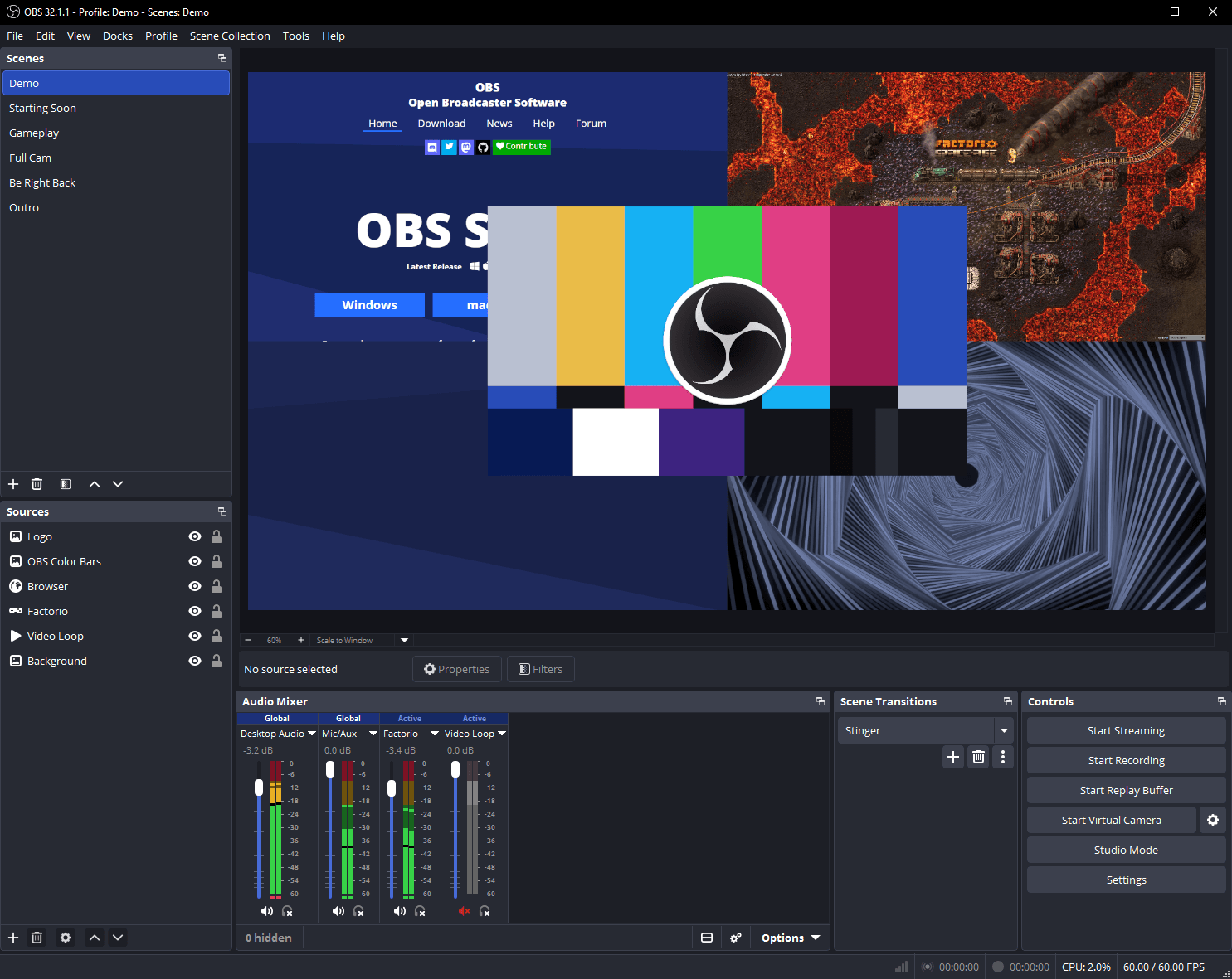 Cenas, fontes de imagem e mixer de áudio da OBS Studio
