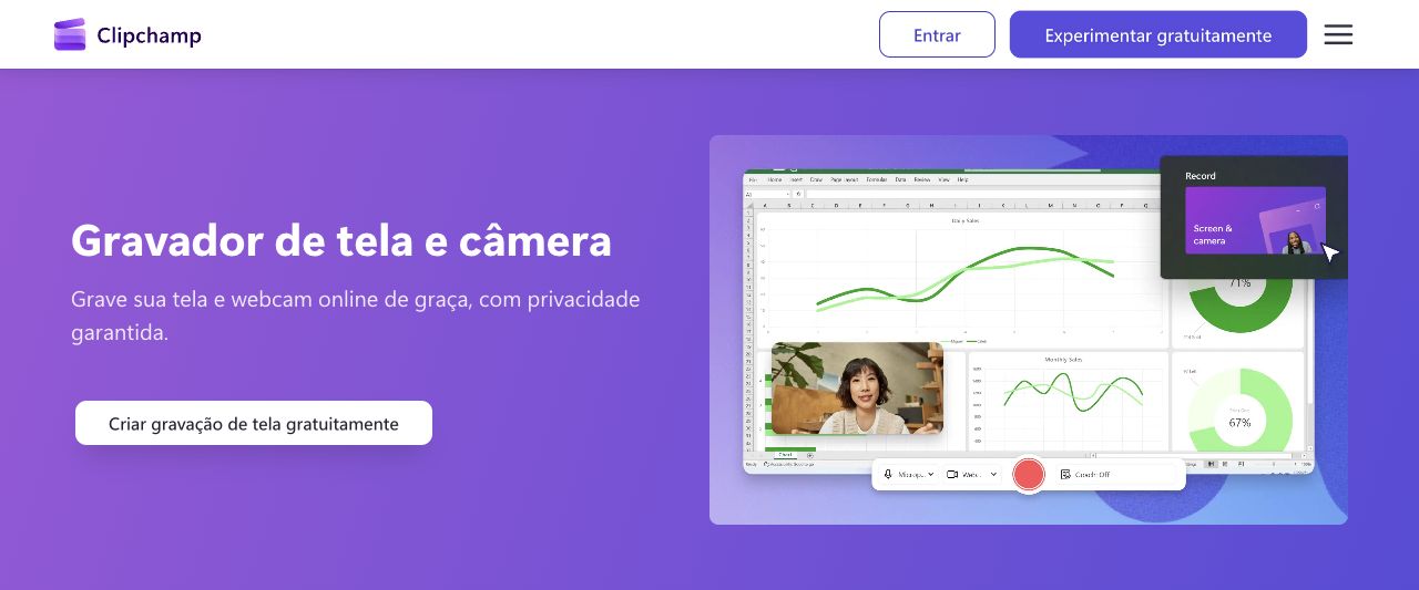 Gravação de tela e câmera na Clipchamp
