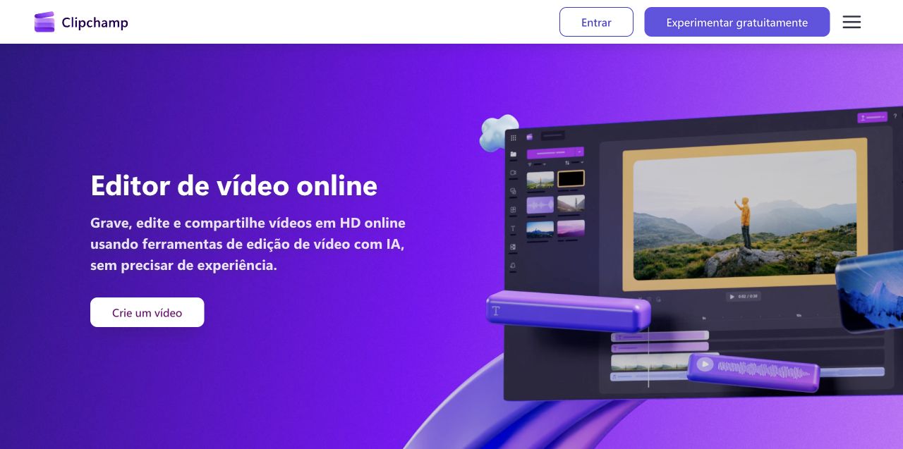 Linha do tempo, materiais e prévia de vídeo na Clipchamp