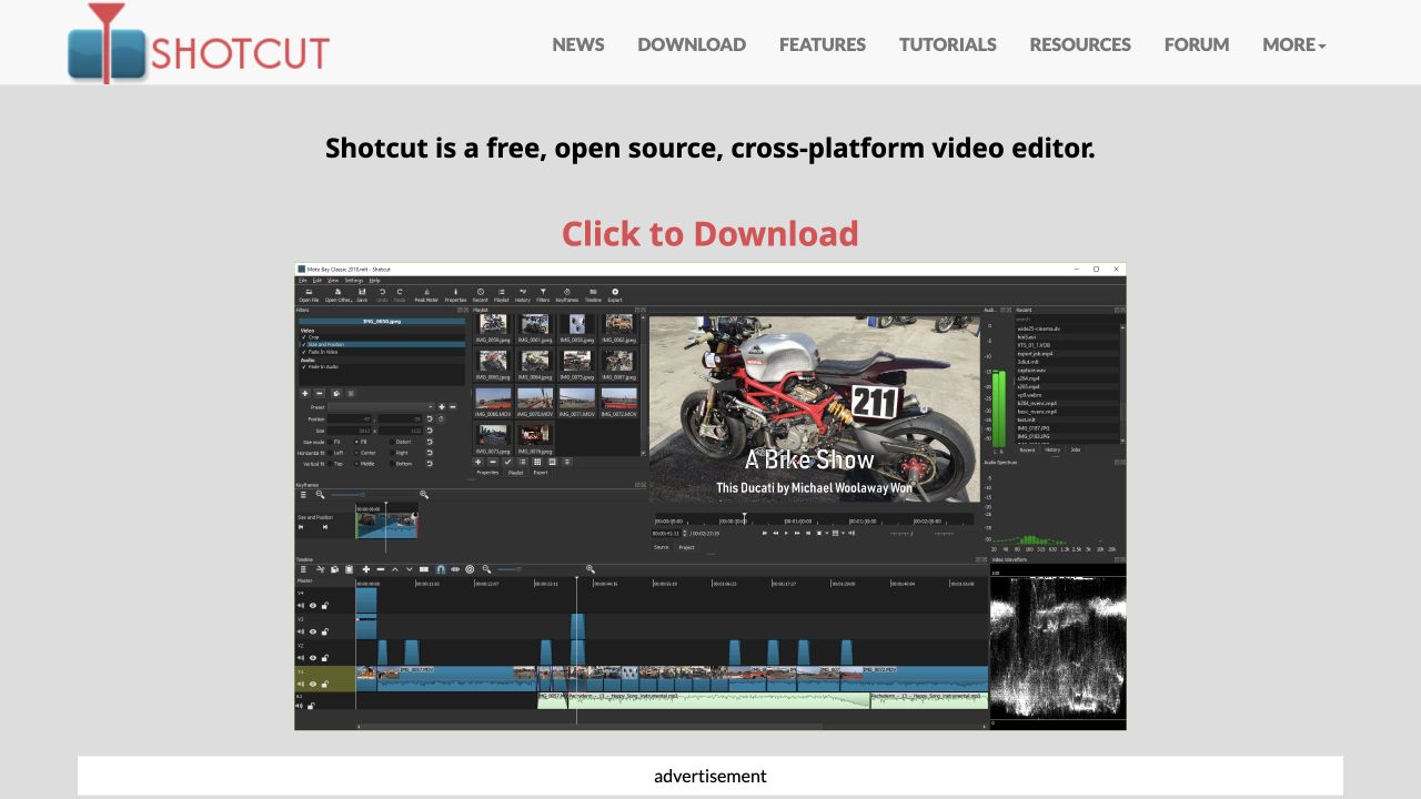 Página da Shotcut com a interface do editor