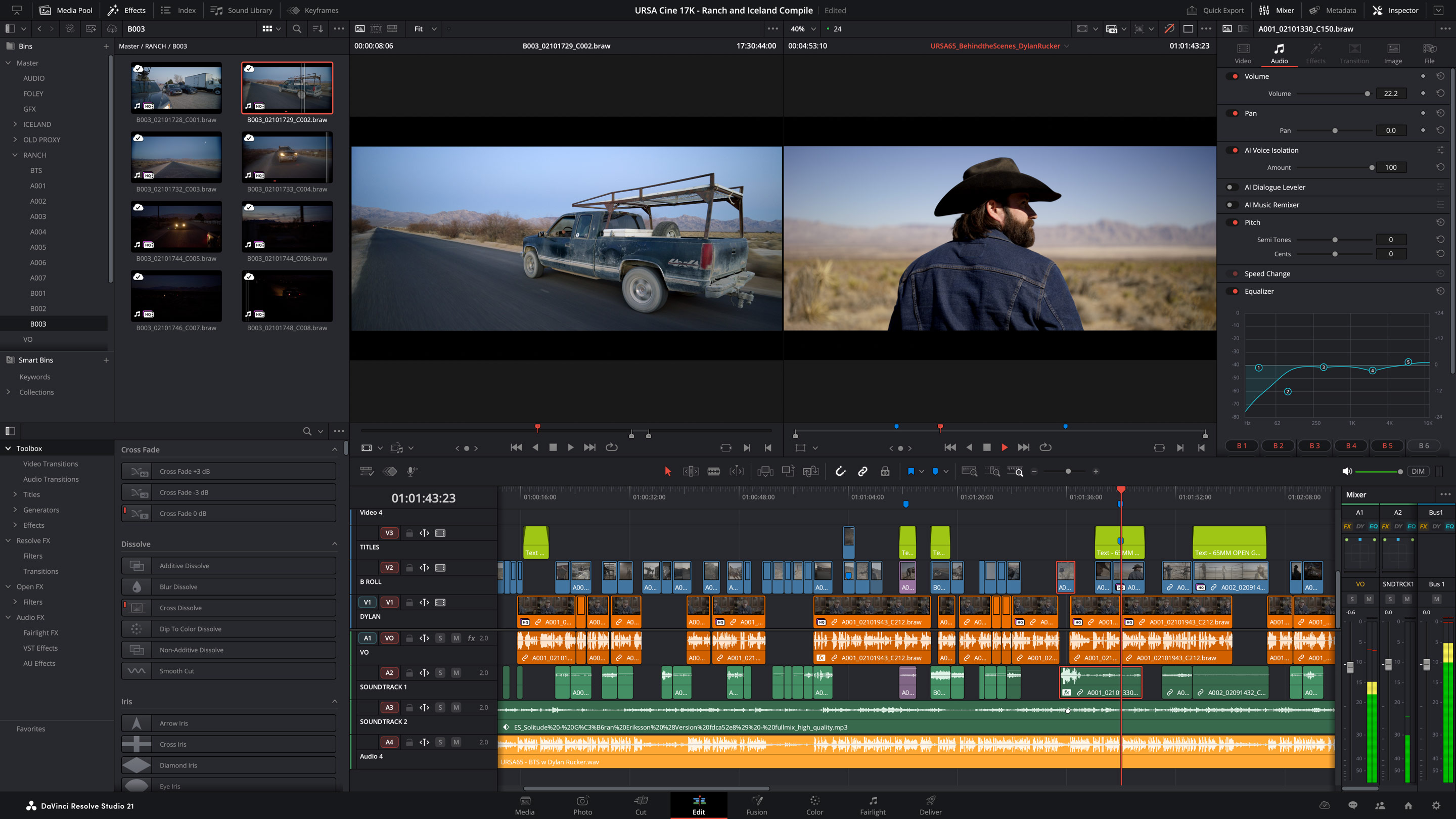 Página Edit da DaVinci Resolve com mídia, prévia e linha do tempo
