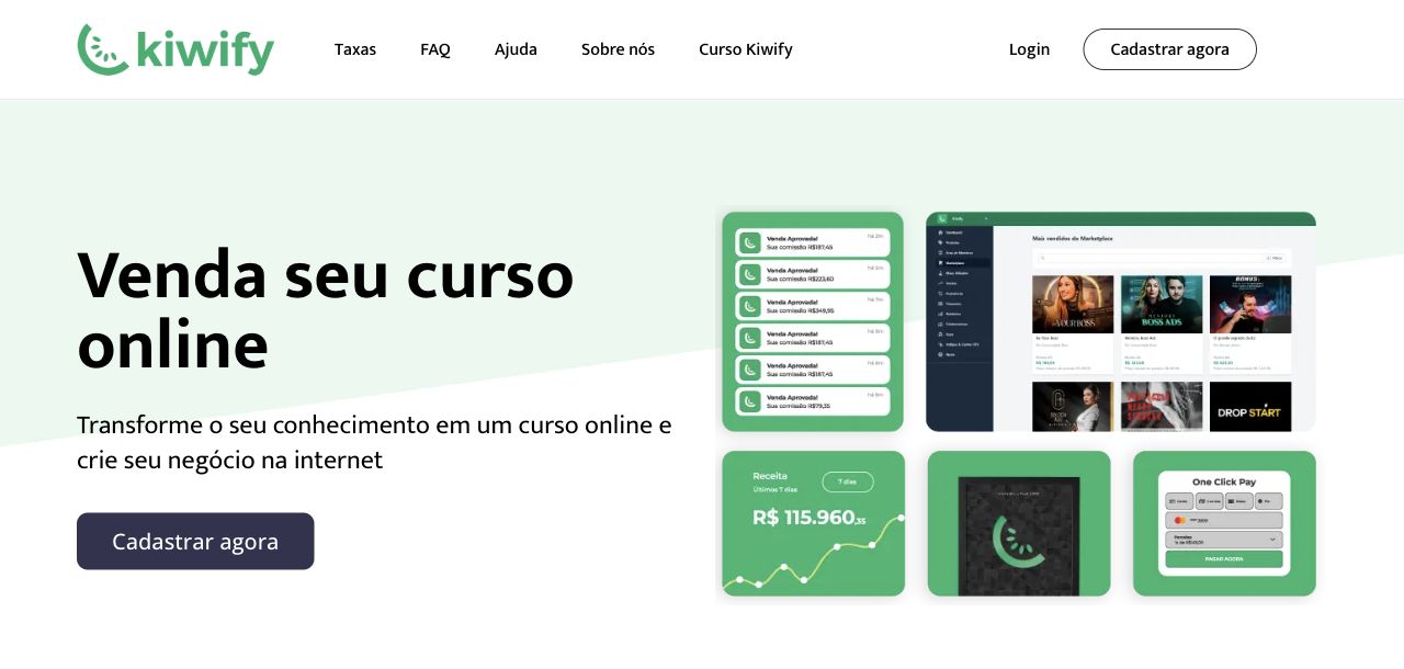 Página inicial da Kiwify com apresentação da plataforma
