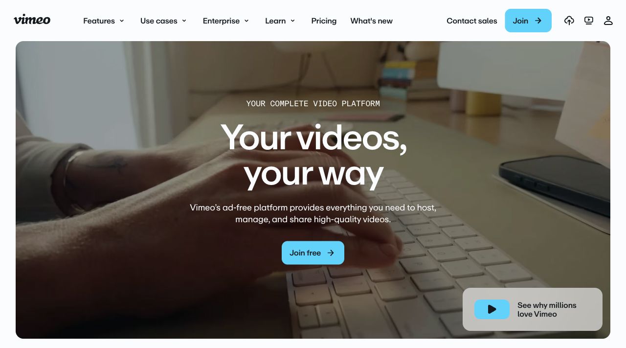 Página inicial da Vimeo com apresentação da plataforma de vídeo