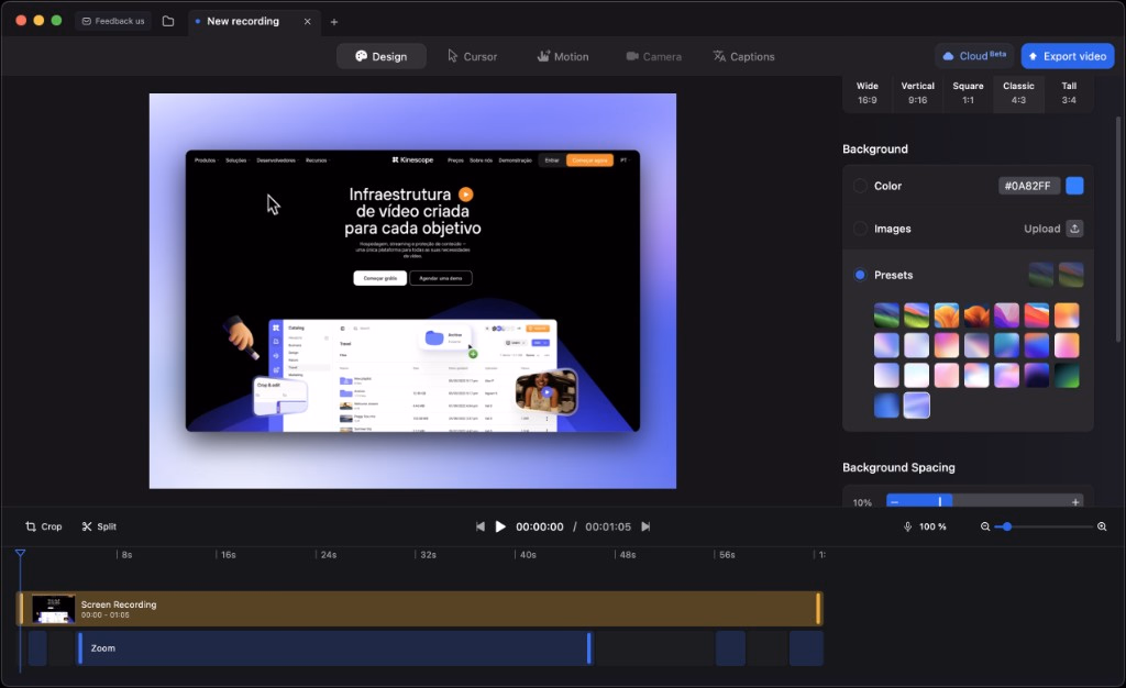 Interface do Screen Studio editando uma gravação de tela: a home da Kinescope na tela, com a timeline e o zoom automático visíveis
