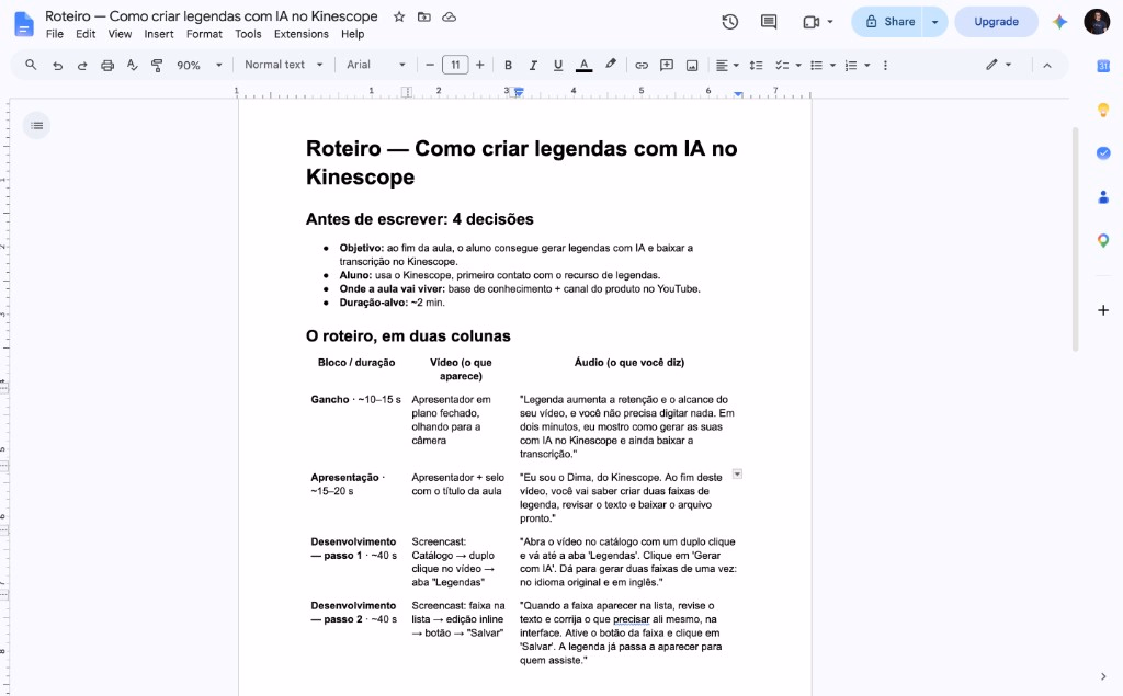 Documento real (Google Docs ou Word) com um roteiro de duas colunas preenchido: coluna da esquerda com descrições de cena, da direita com falas