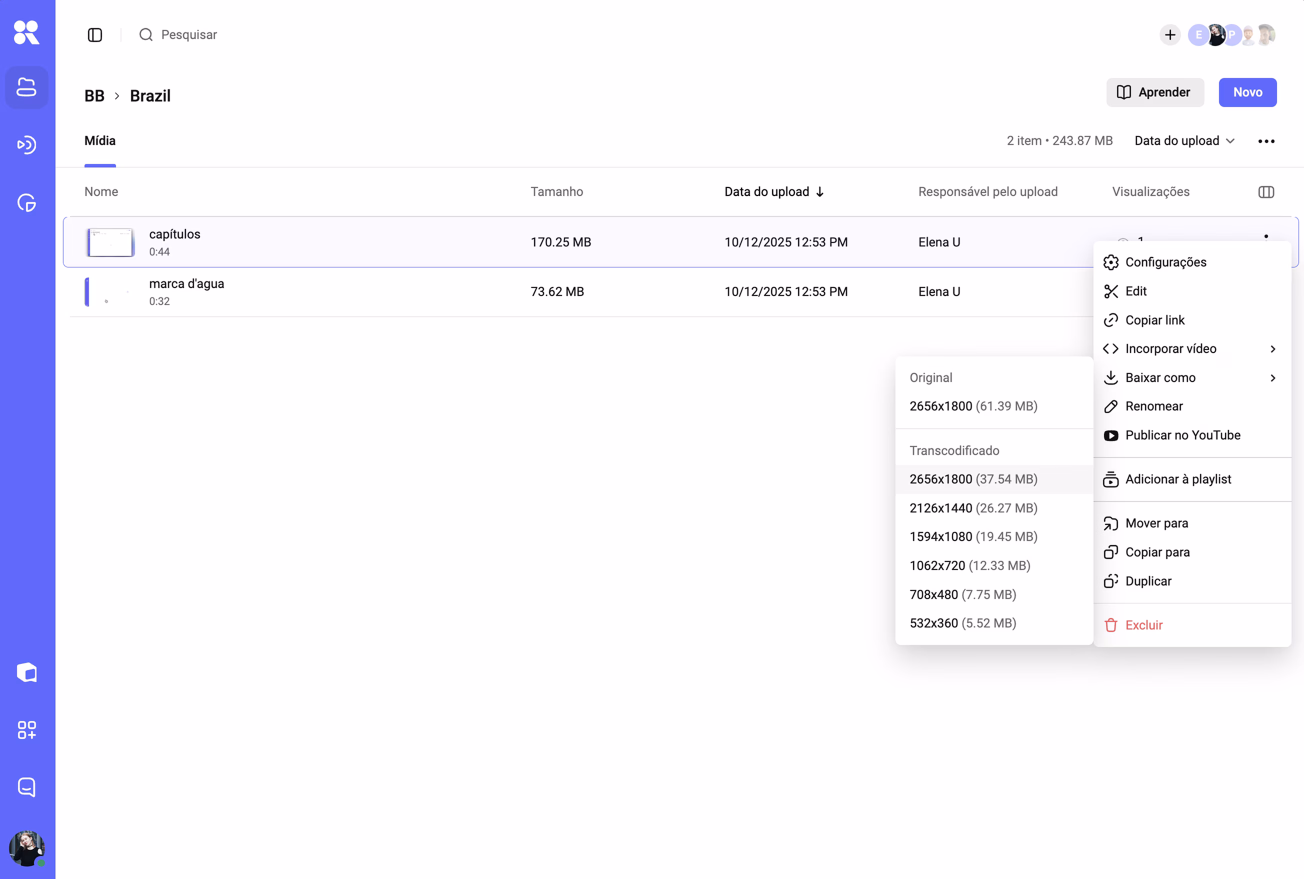 Menu do painel com o arquivo original e versões transcodificadas de 1440p a 360p