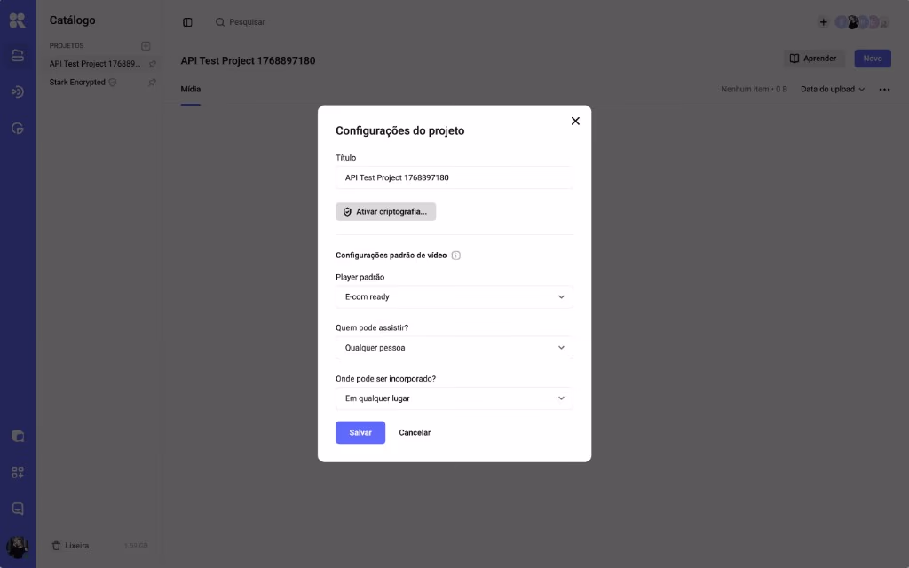 Ativação do DRM nas configurações de um vídeo no painel da Kinescope