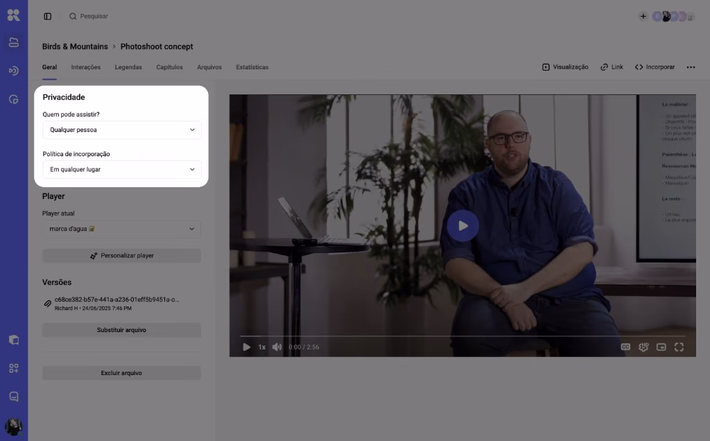Configuração de controle de acesso: domínios autorizados e quem pode assistir, que limitam onde e para quem o vídeo toca