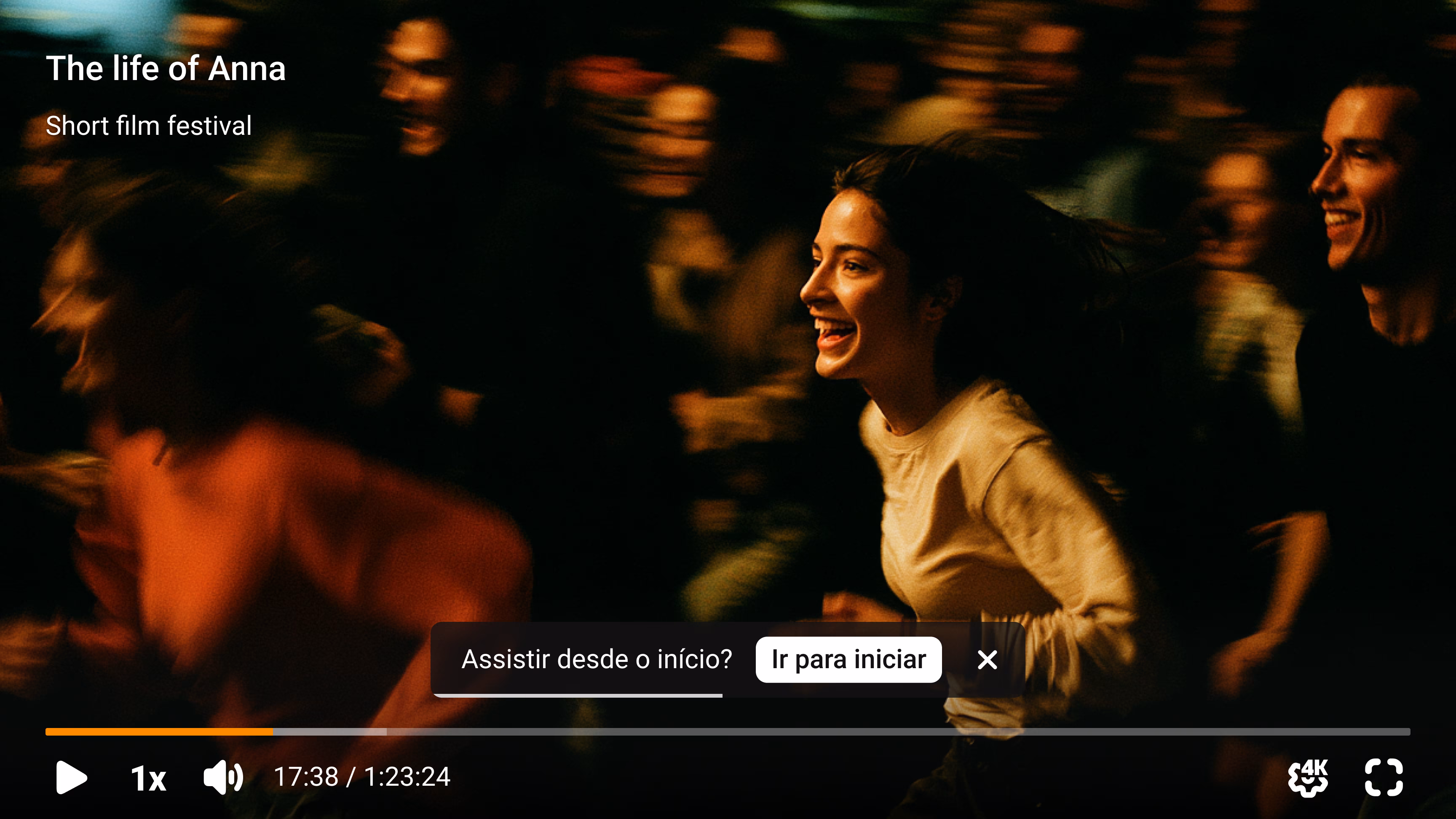 Player de vídeo em 4K com aviso para reiniciar a reprodução