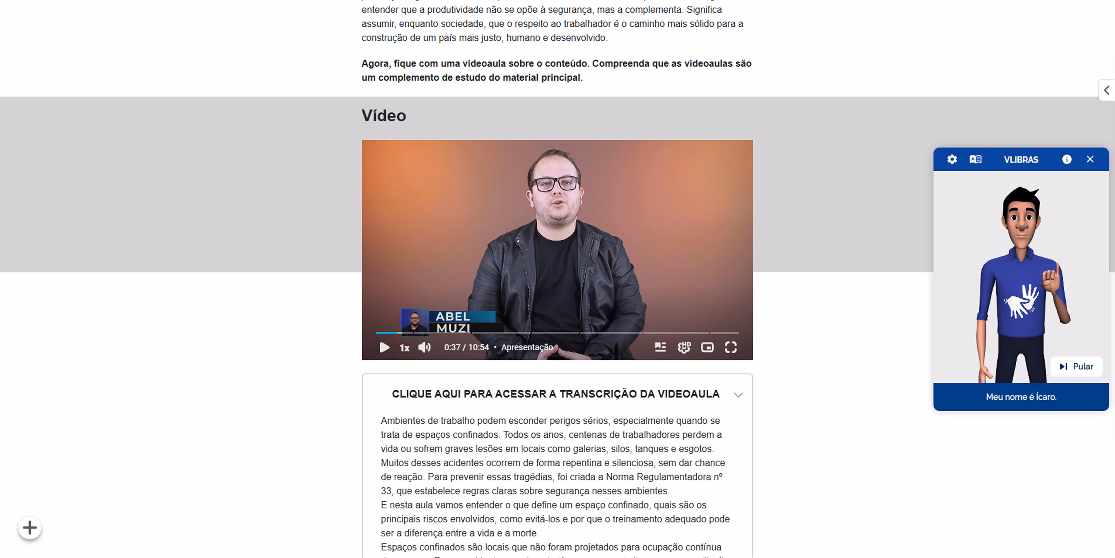 Videoaula da Conted Tech com transcrição abaixo do player e o avatar VLibras de Língua Brasileira de Sinais ao lado