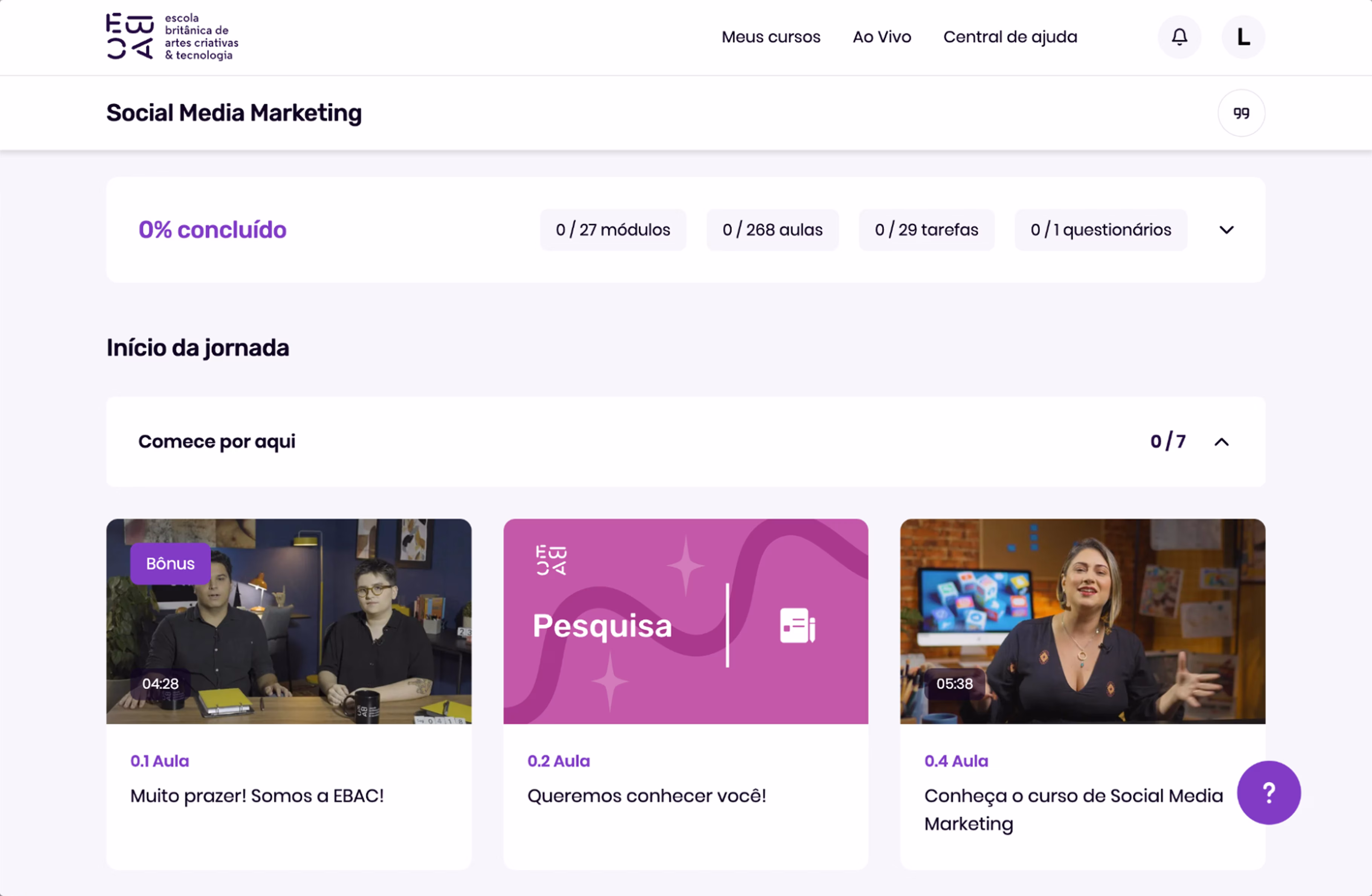 Página do curso Social Media Marketing na plataforma da EBAC, com módulos, aulas e tarefas