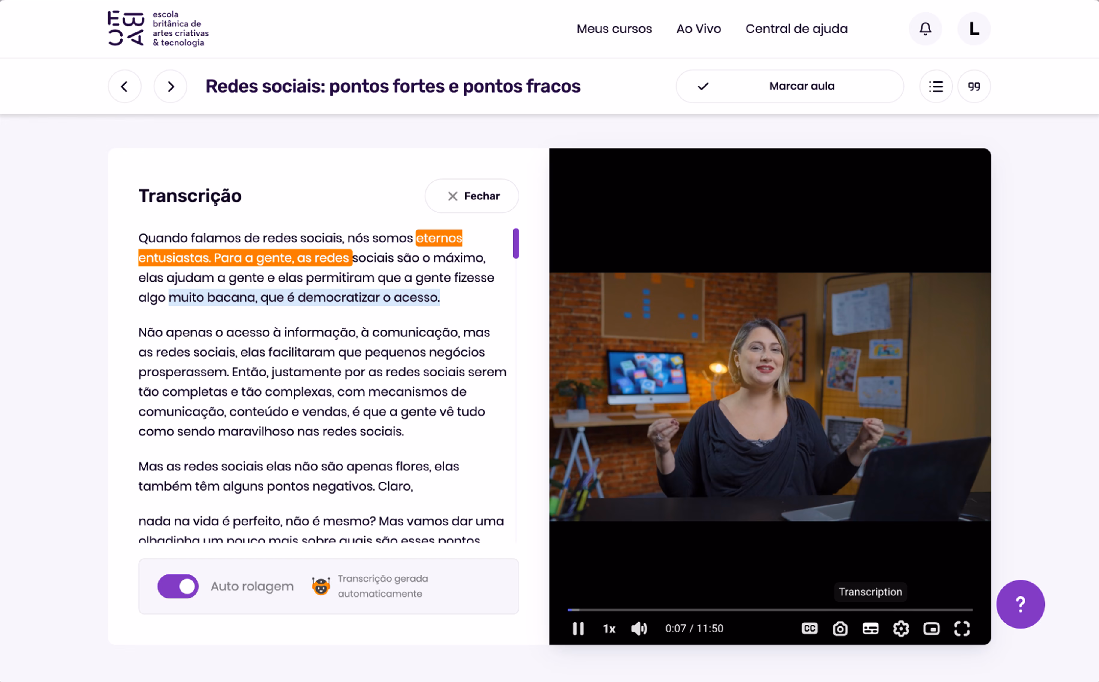 Transcrição lado a lado com uma videoaula na plataforma da EBAC
