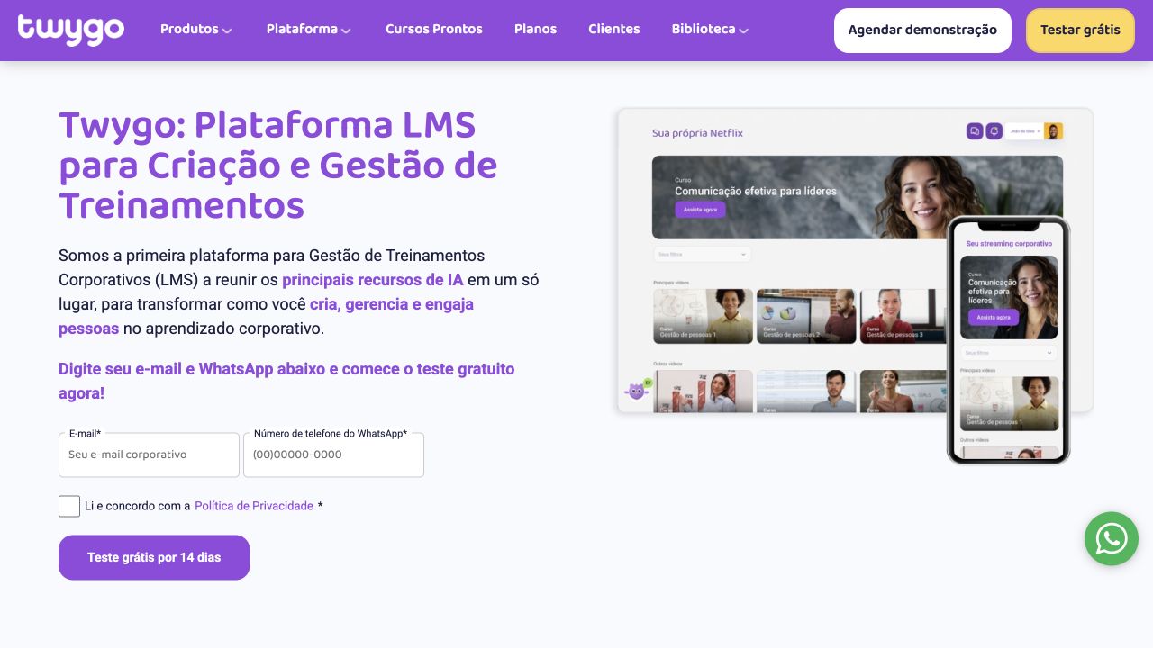 Pagina da Twygo com o ambiente de cursos em computador e celular