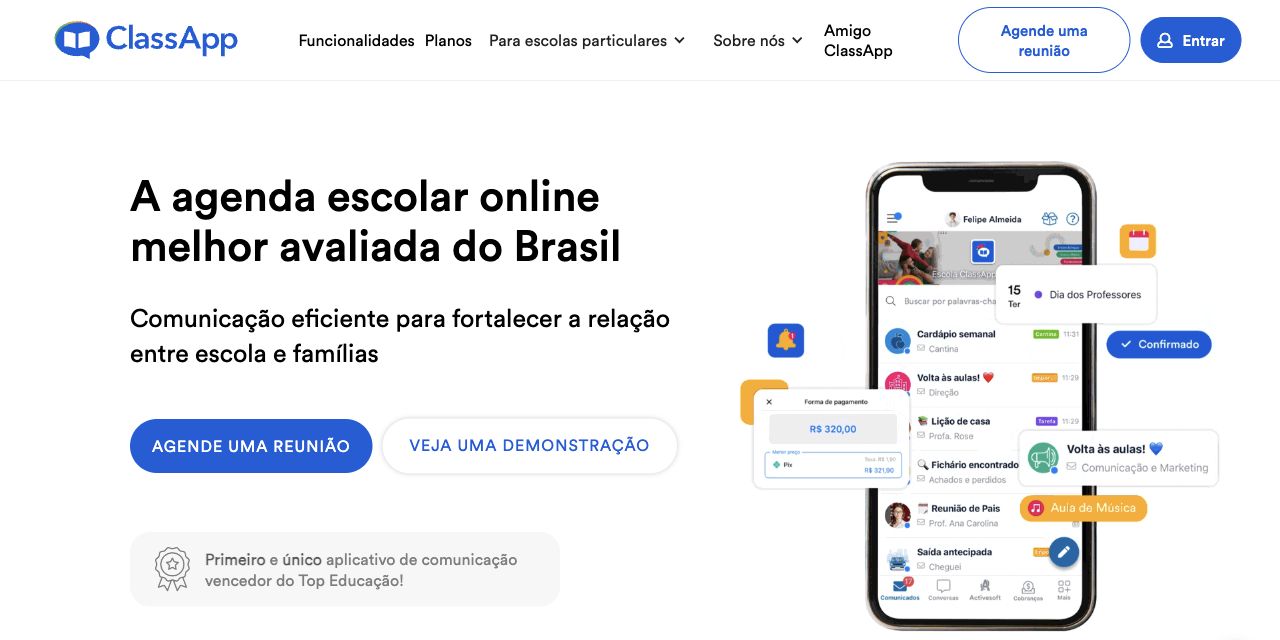 Página inicial da ClassApp com o aplicativo de comunicação escolar