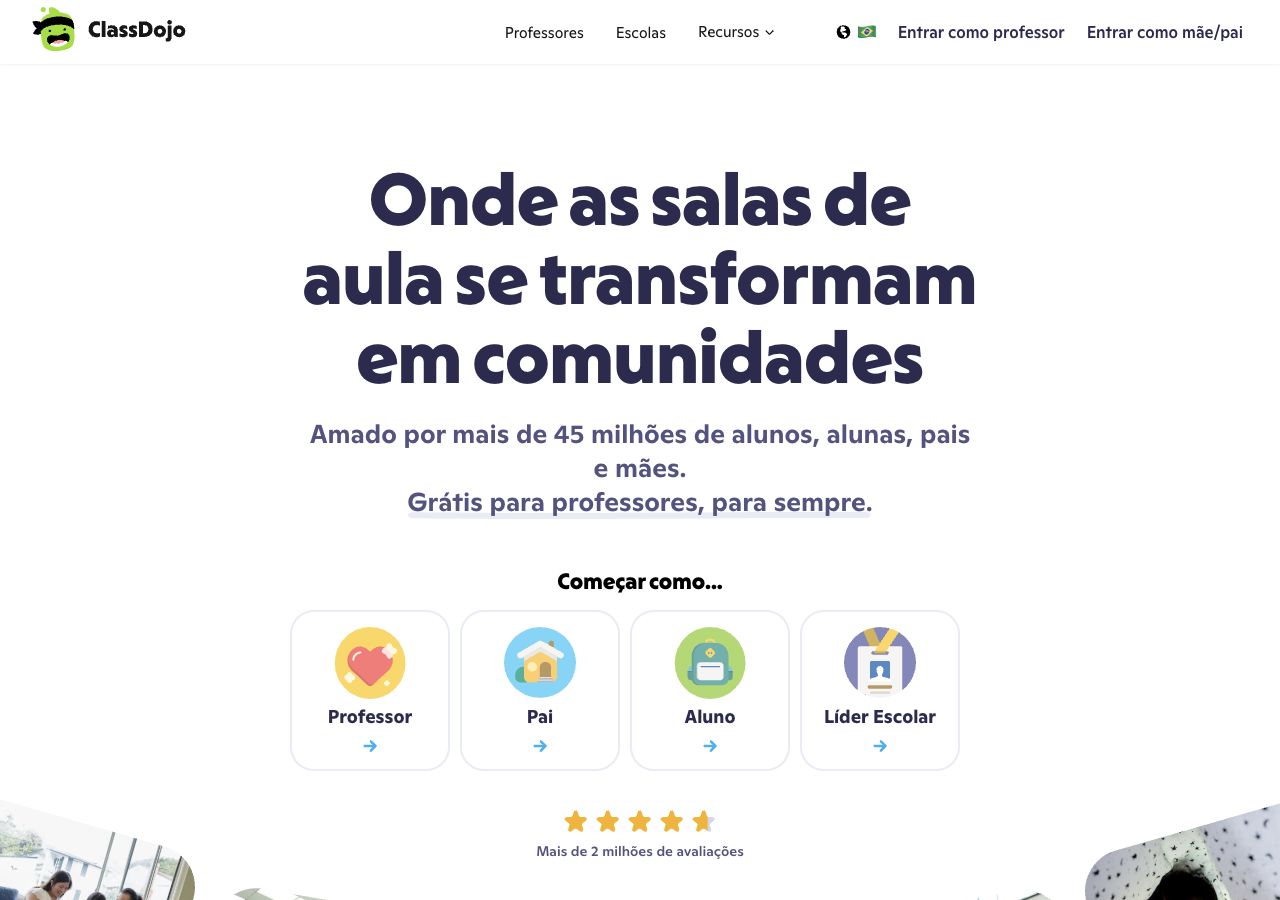 Página inicial da ClassDojo em português