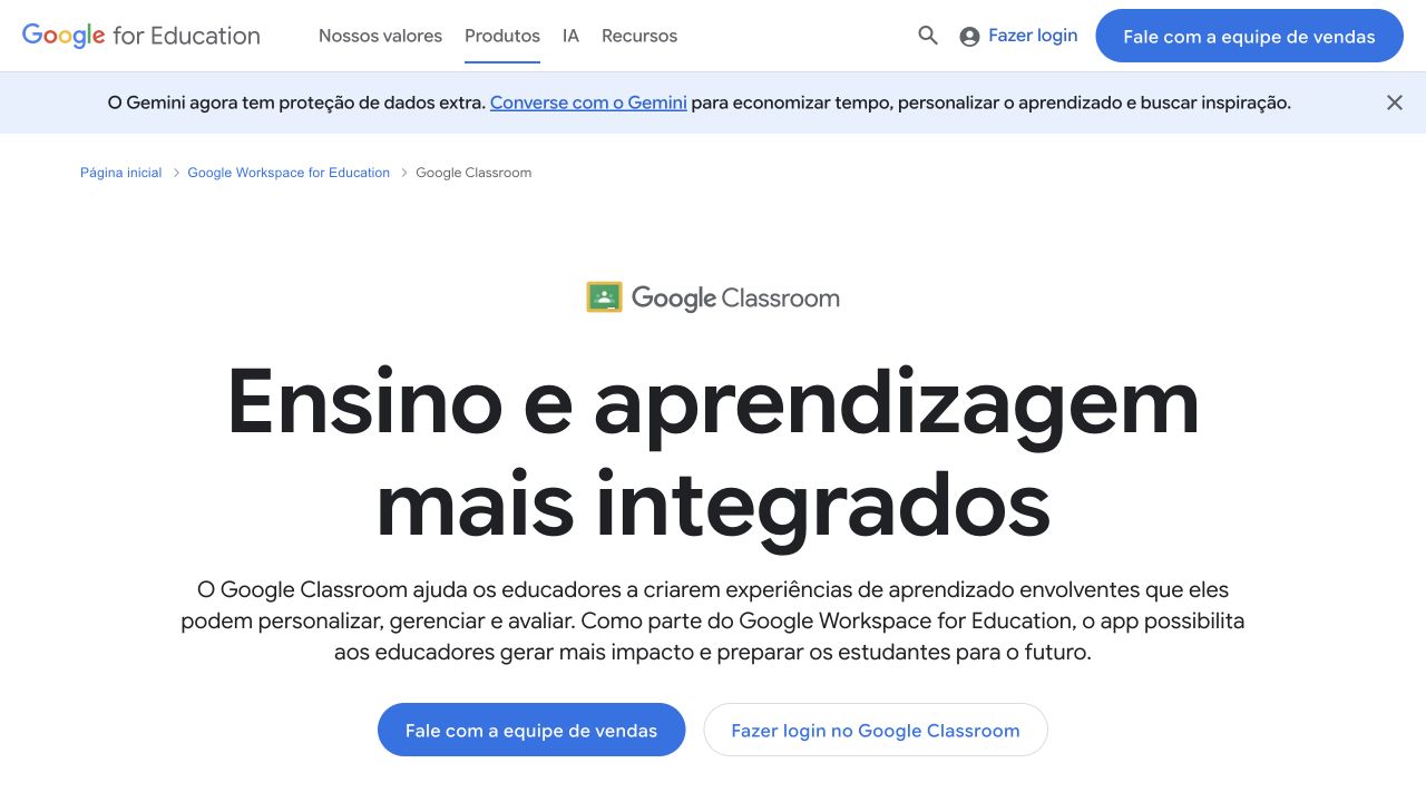 Página da Google Classroom em português