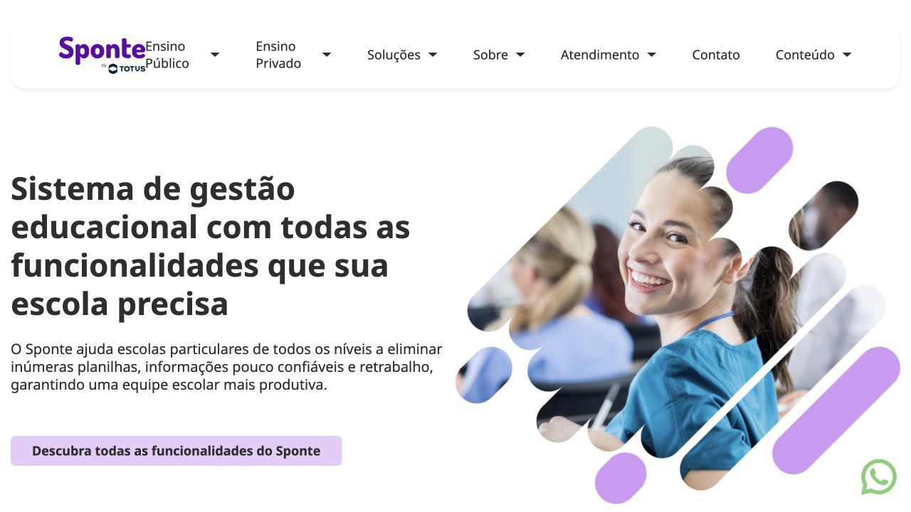 Página da Sponte com as funcionalidades de gestão escolar