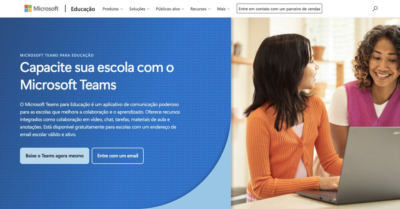 Página da Microsoft Teams for Education em português