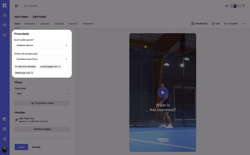 Configuração de proteção e domínios autorizados de uma VSL no painel da Kinescope