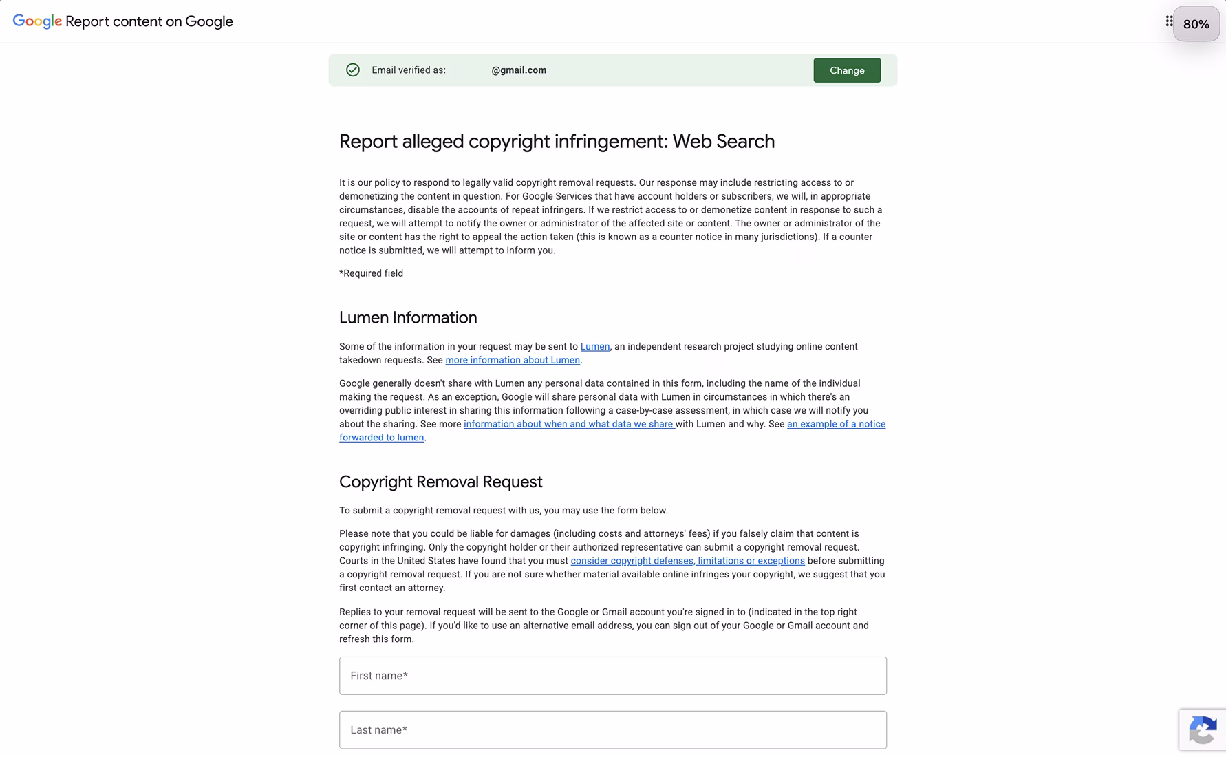 Google copyright removal form for a Web Search DMCA notice