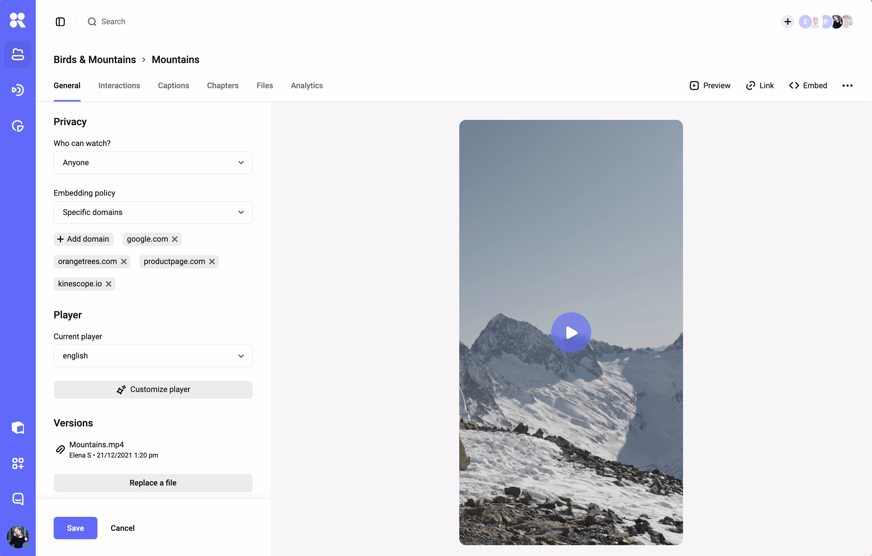 Kinescope access-restriction settings for a video