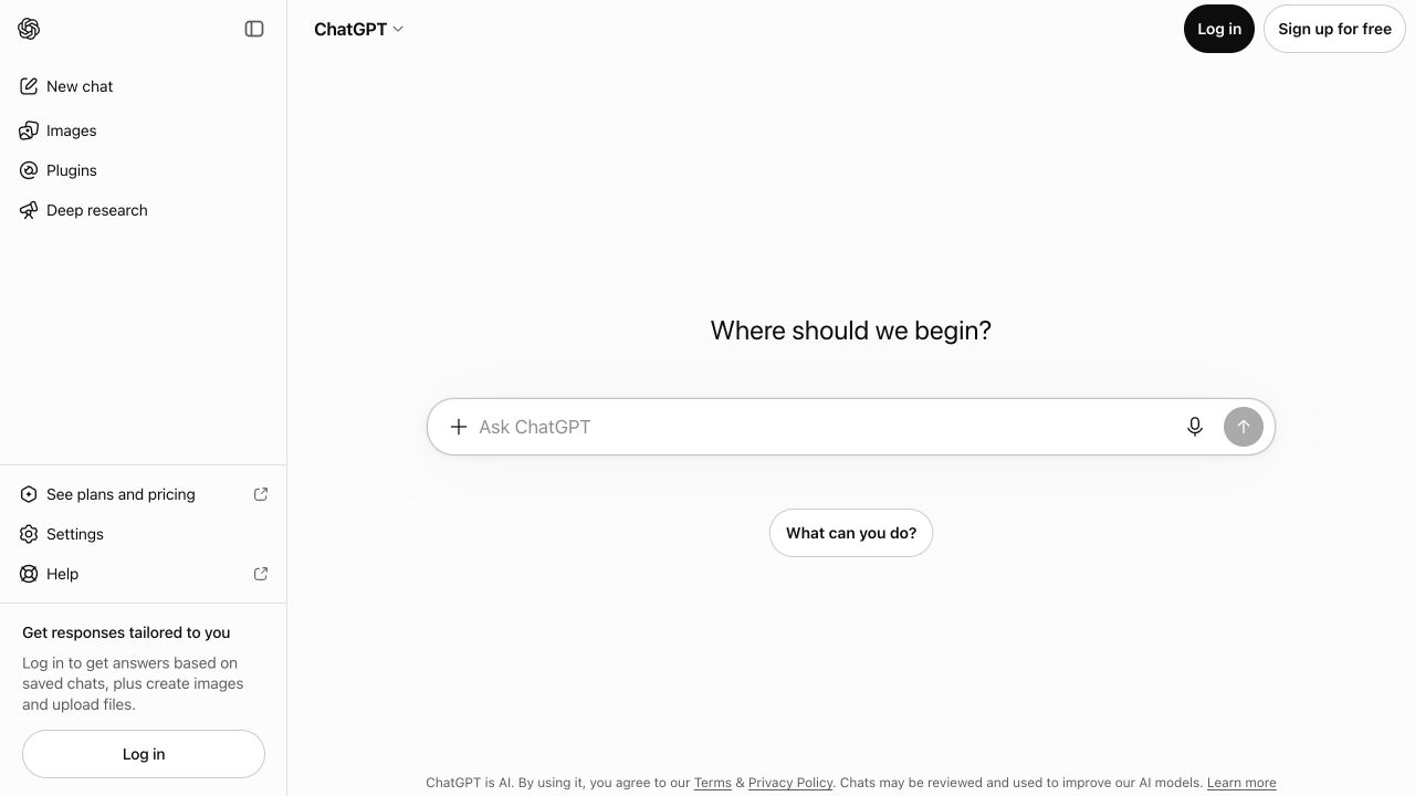 ChatGPT start screen with an empty chat composer