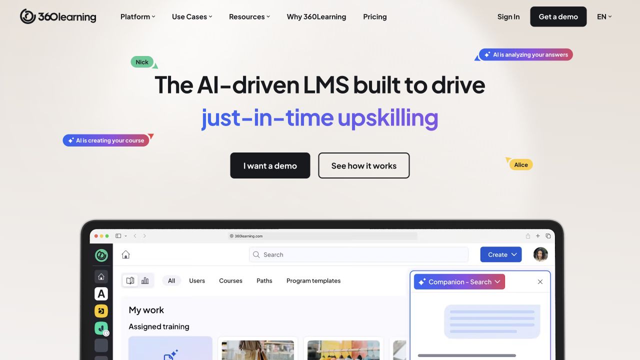 360Learning product homepage screenshot