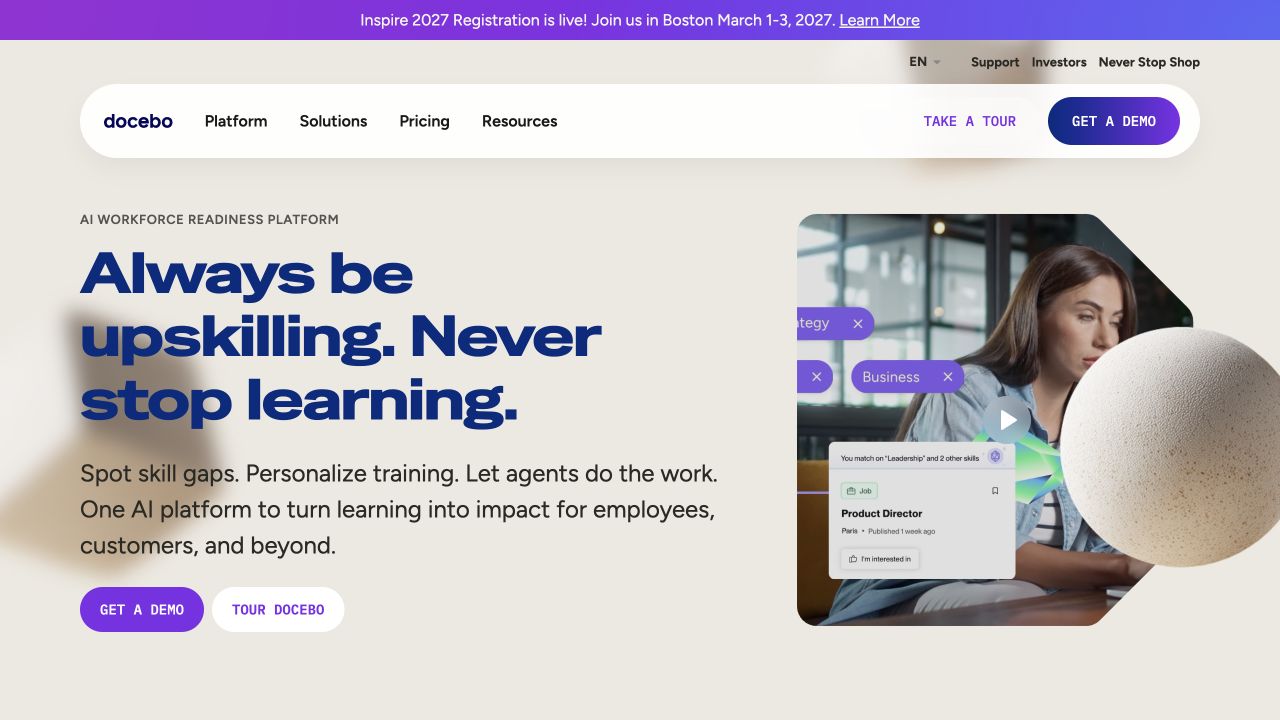 Docebo product homepage screenshot