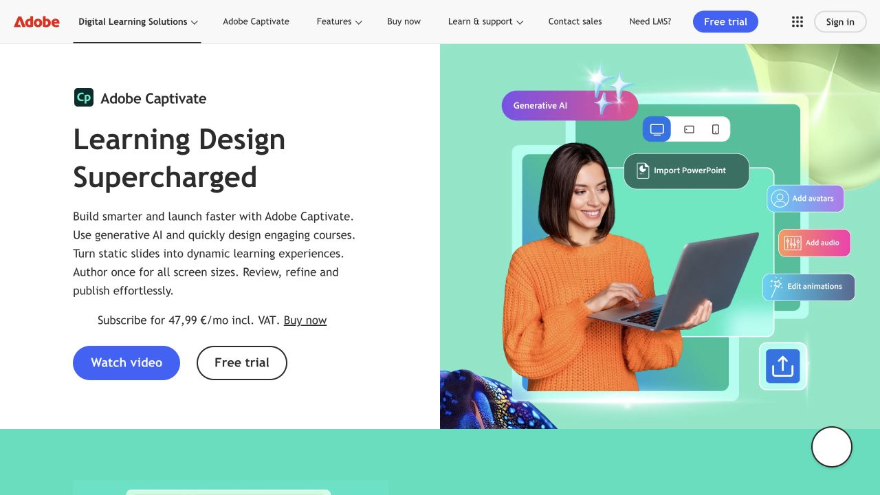 Adobe Captivate product homepage screenshot