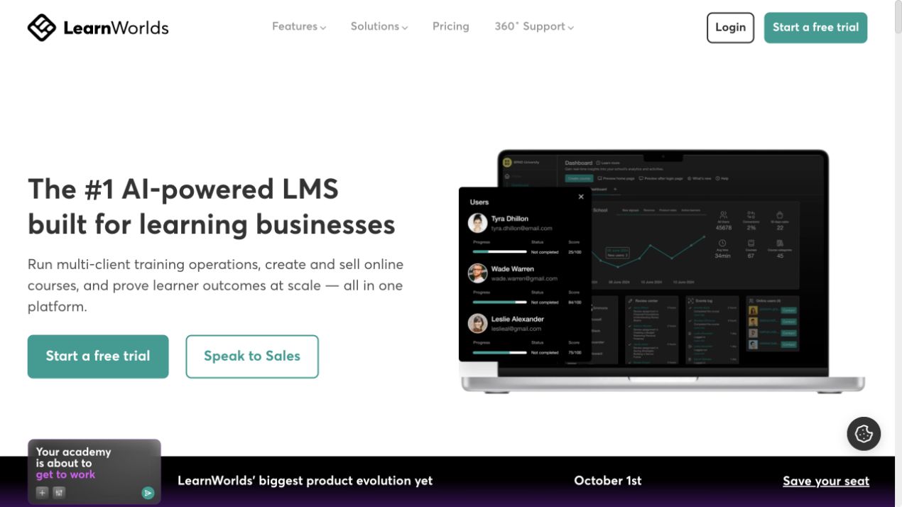LearnWorlds product homepage screenshot