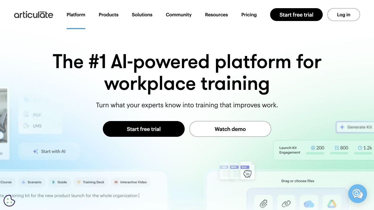 Articulate 360 website with its platform heading, navigation and trial options