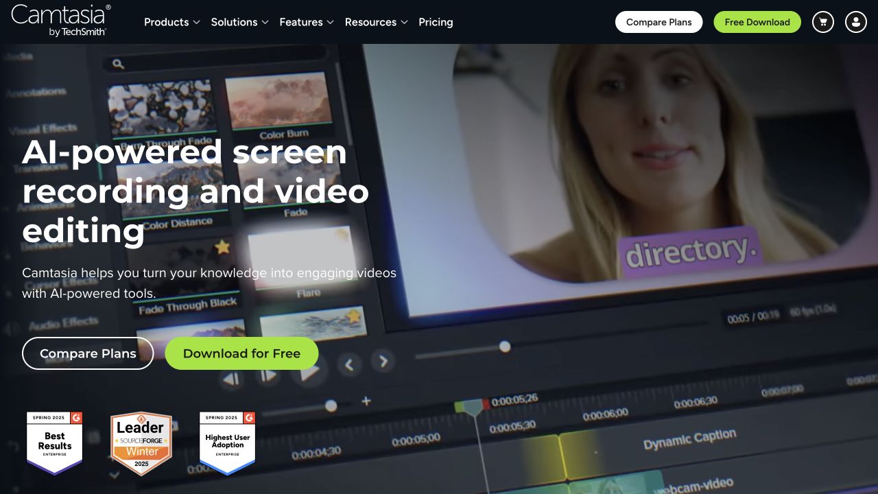 Camtasia website with screen recording and video editing information over an editor preview