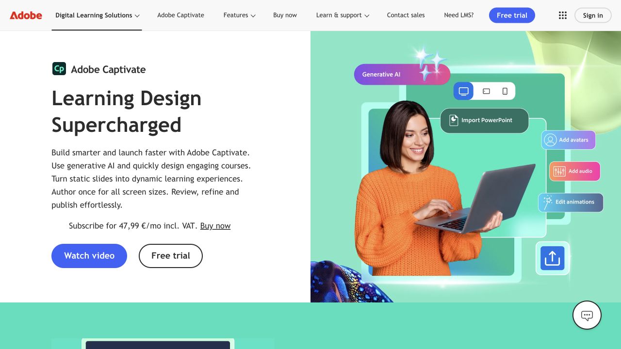 Adobe Captivate website with product information, pricing and trial options