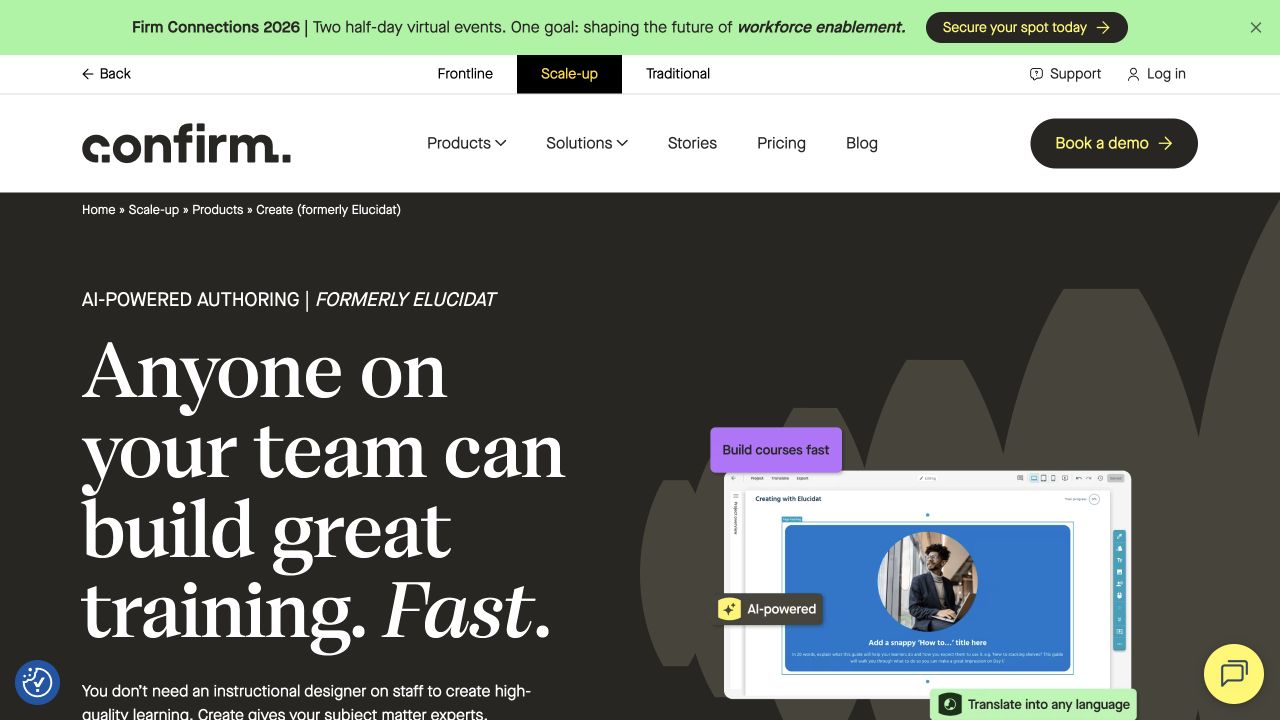 Create by Confirm product page with an authoring introduction and a course editor preview