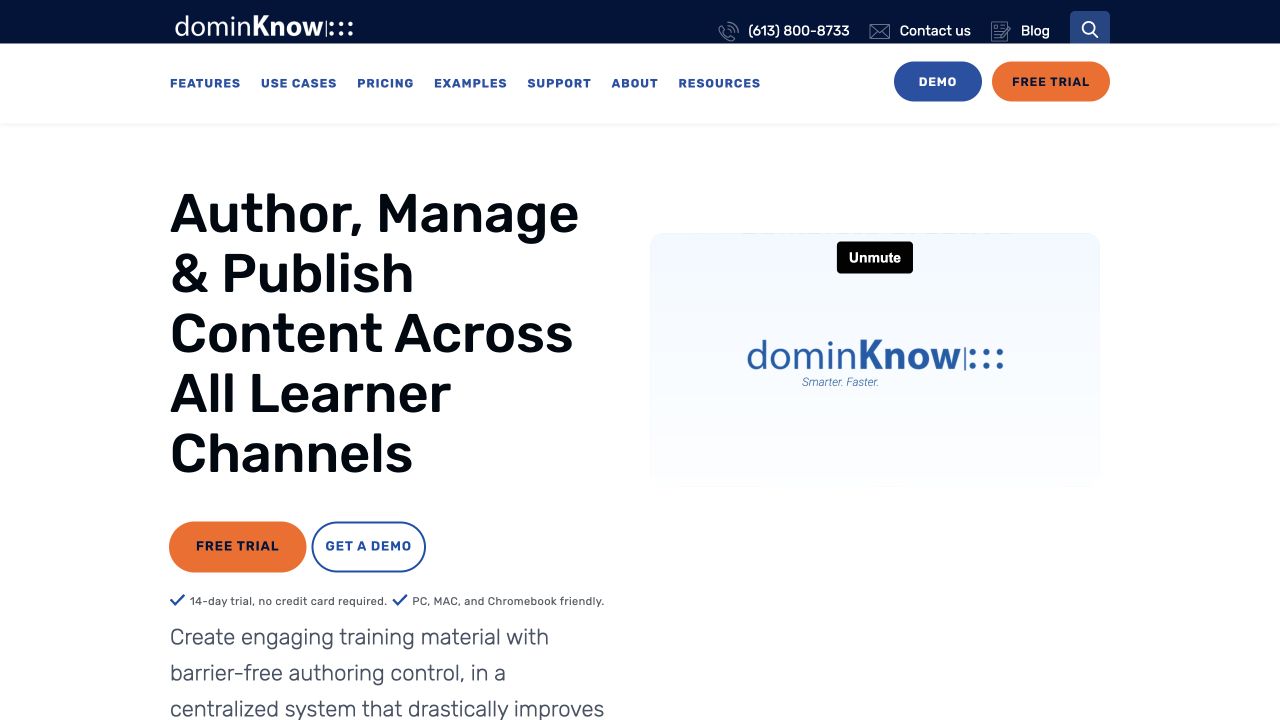 dominKnow homepage with authoring and publishing information and a product video