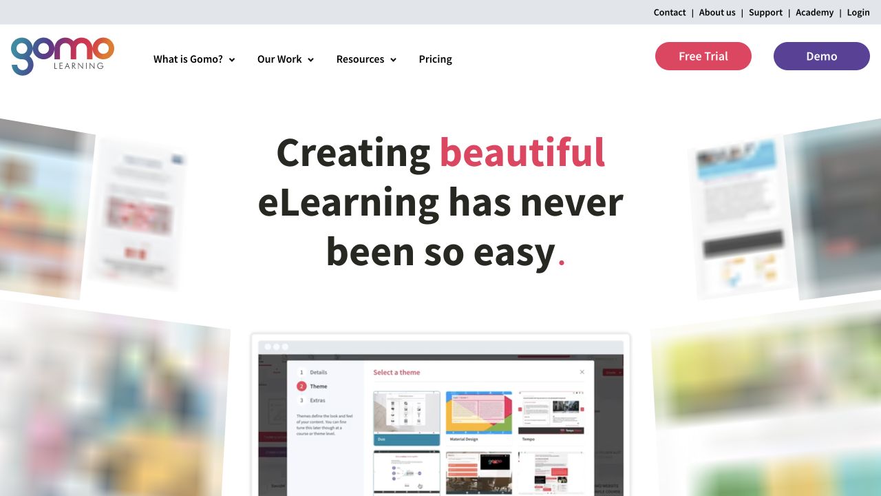 Gomo website with its navigation, course creation heading and theme preview