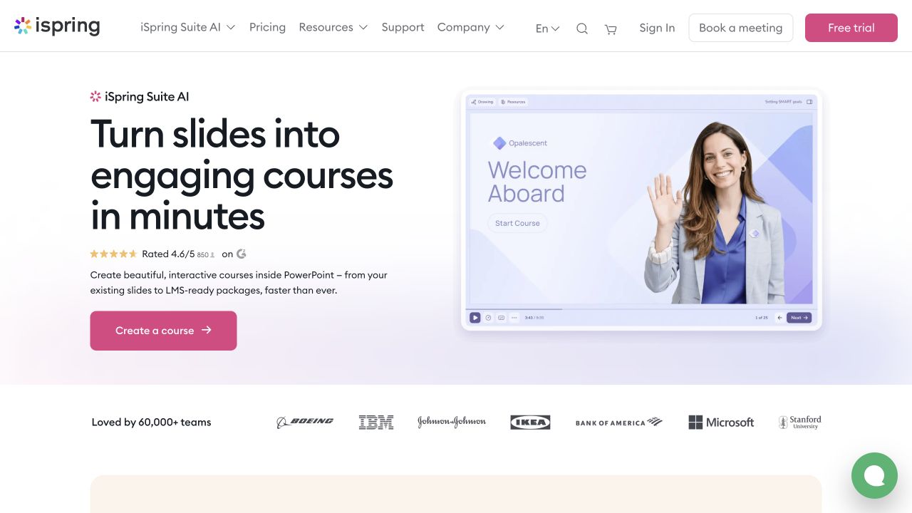 iSpring Suite website with its course creation introduction and a course preview