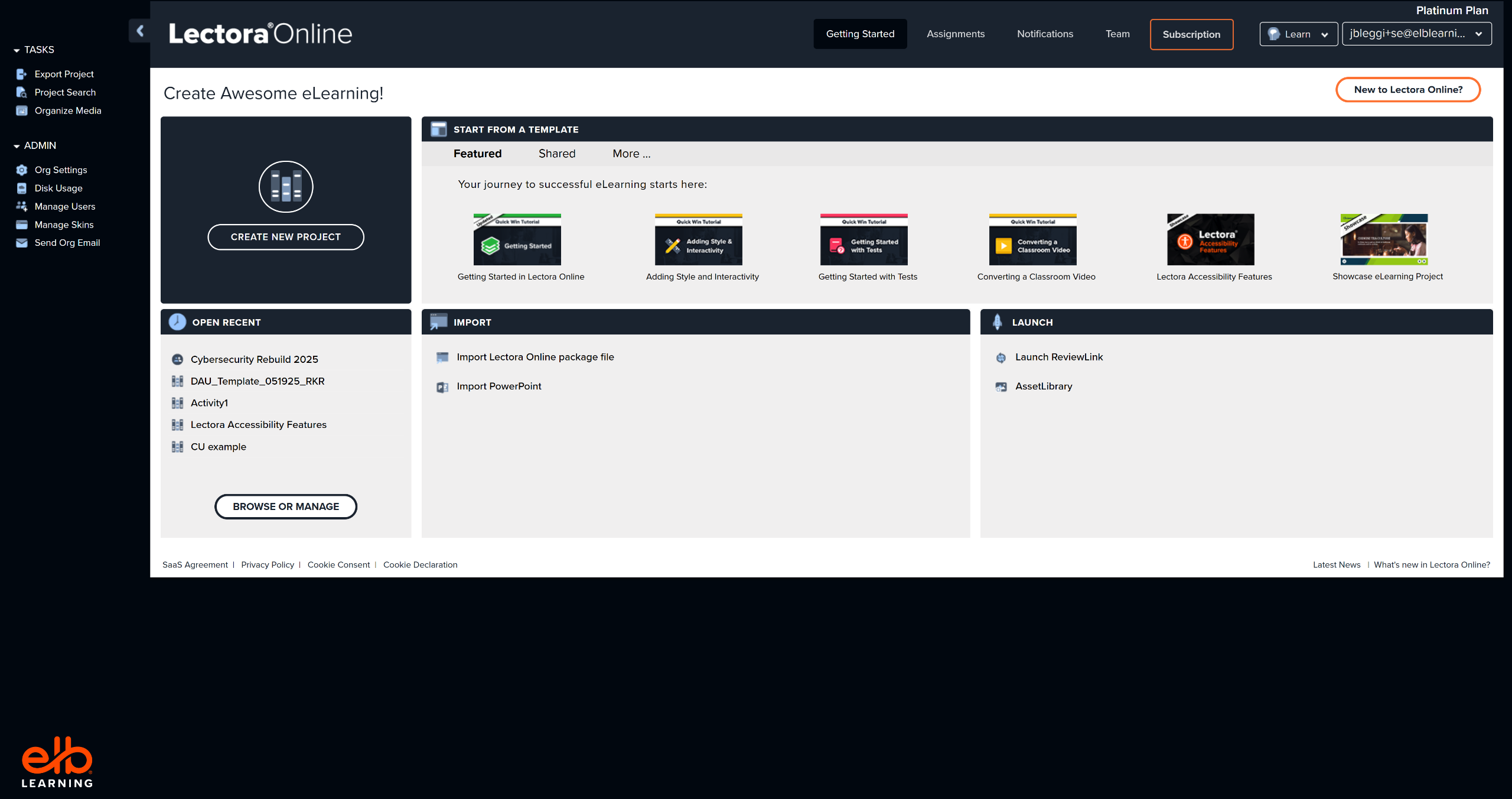 Lectora Online home screen with project templates, recent projects and import options