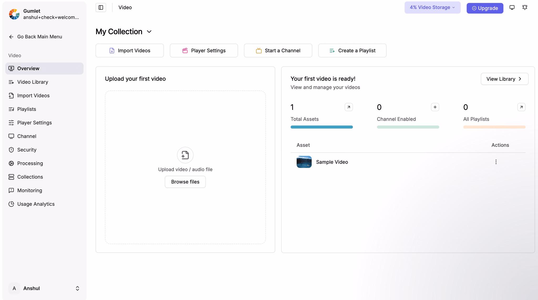 Video dashboard with upload area, library and player settings