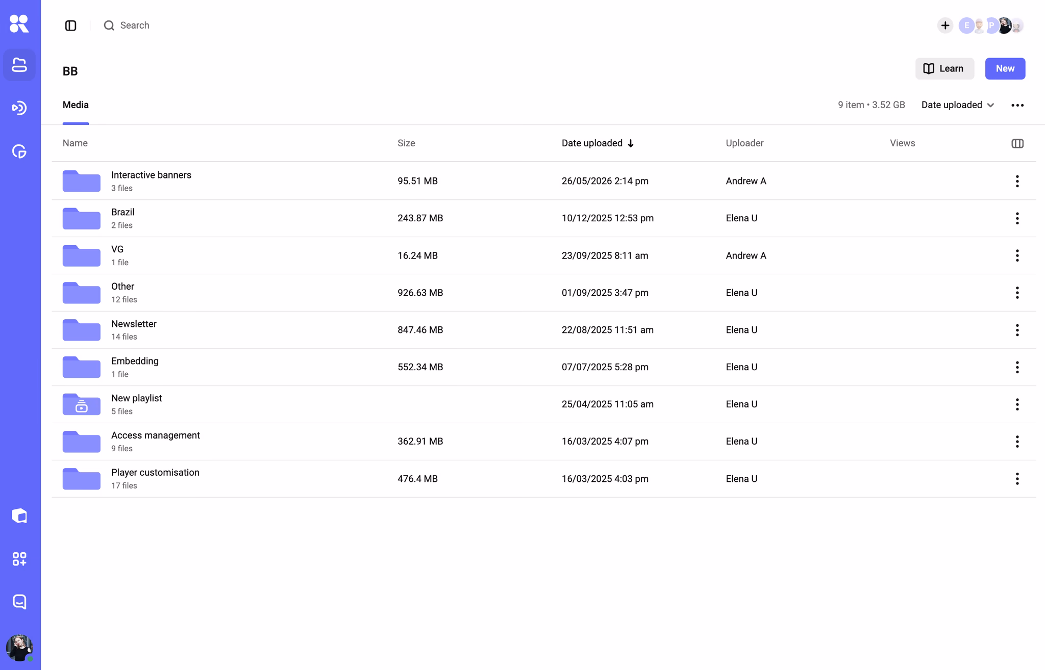 Video library organized into course folders with file counts and upload dates