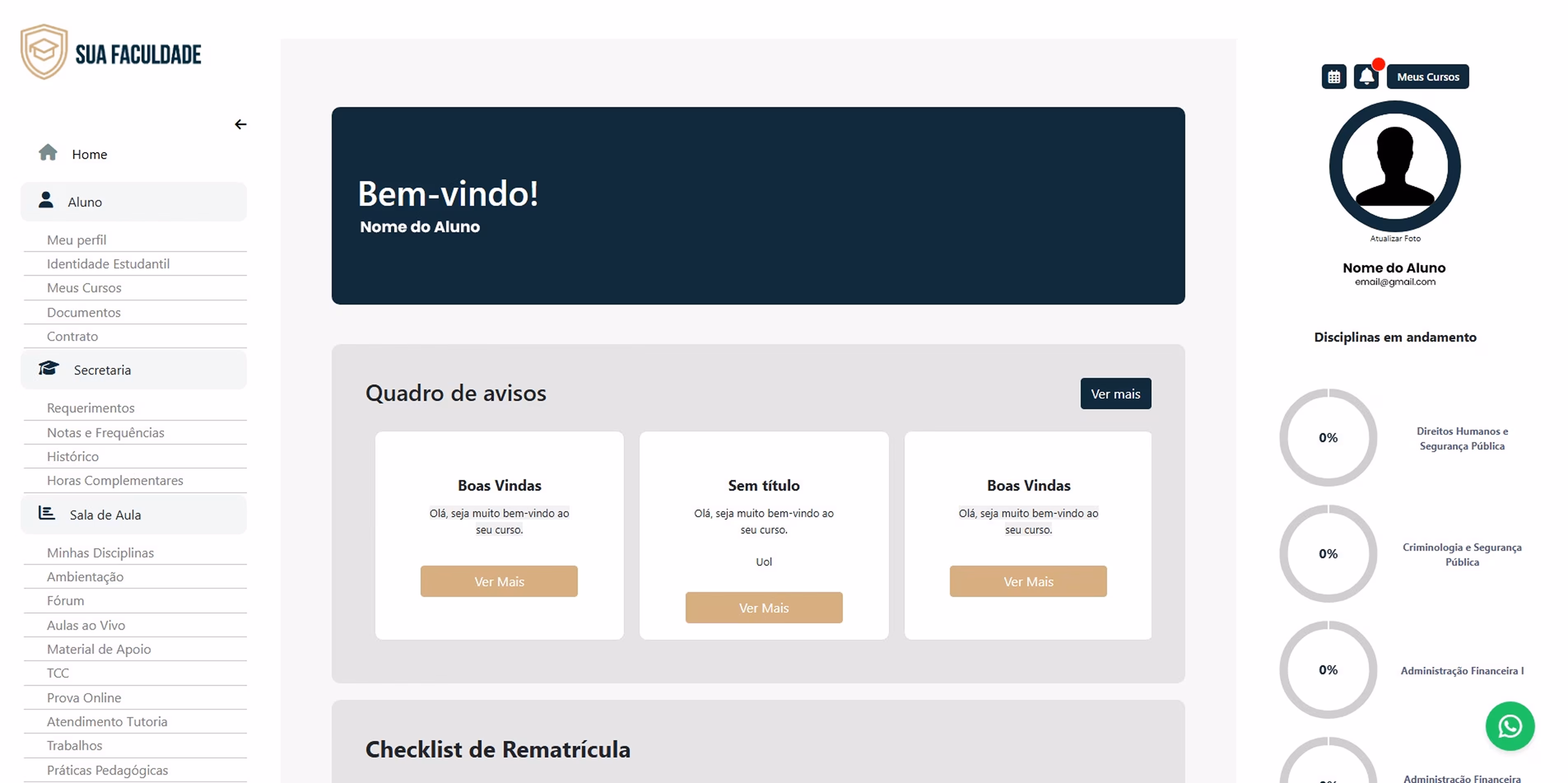 Conted Tech LMS student dashboard titled Sua Faculdade, with course notices and a progress sidebar