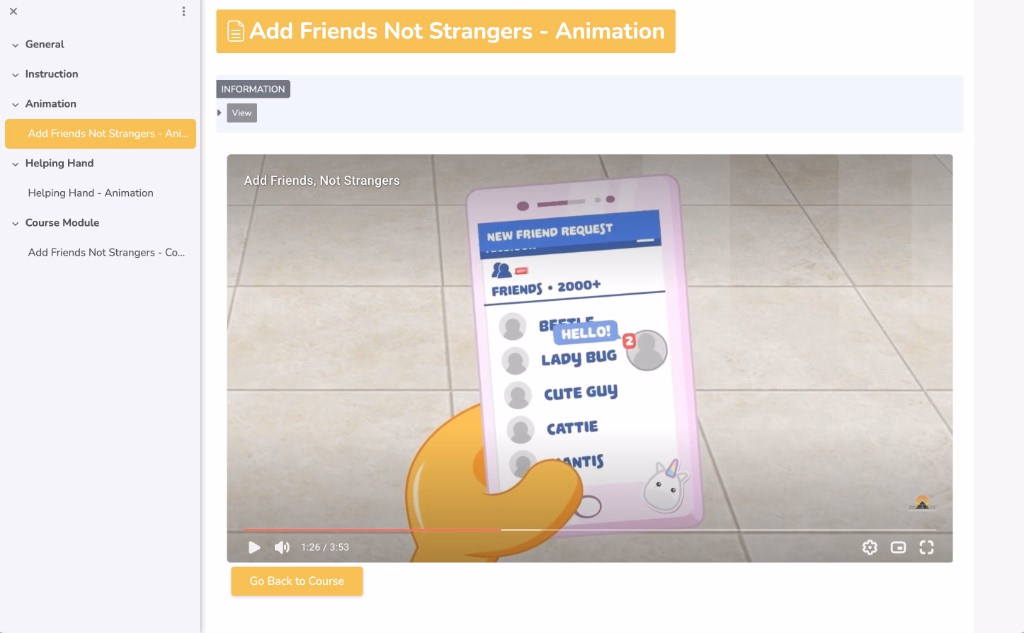 Kinescope's player inside one of Stairway's courses, showing the film Add Friends, Not Strangers
