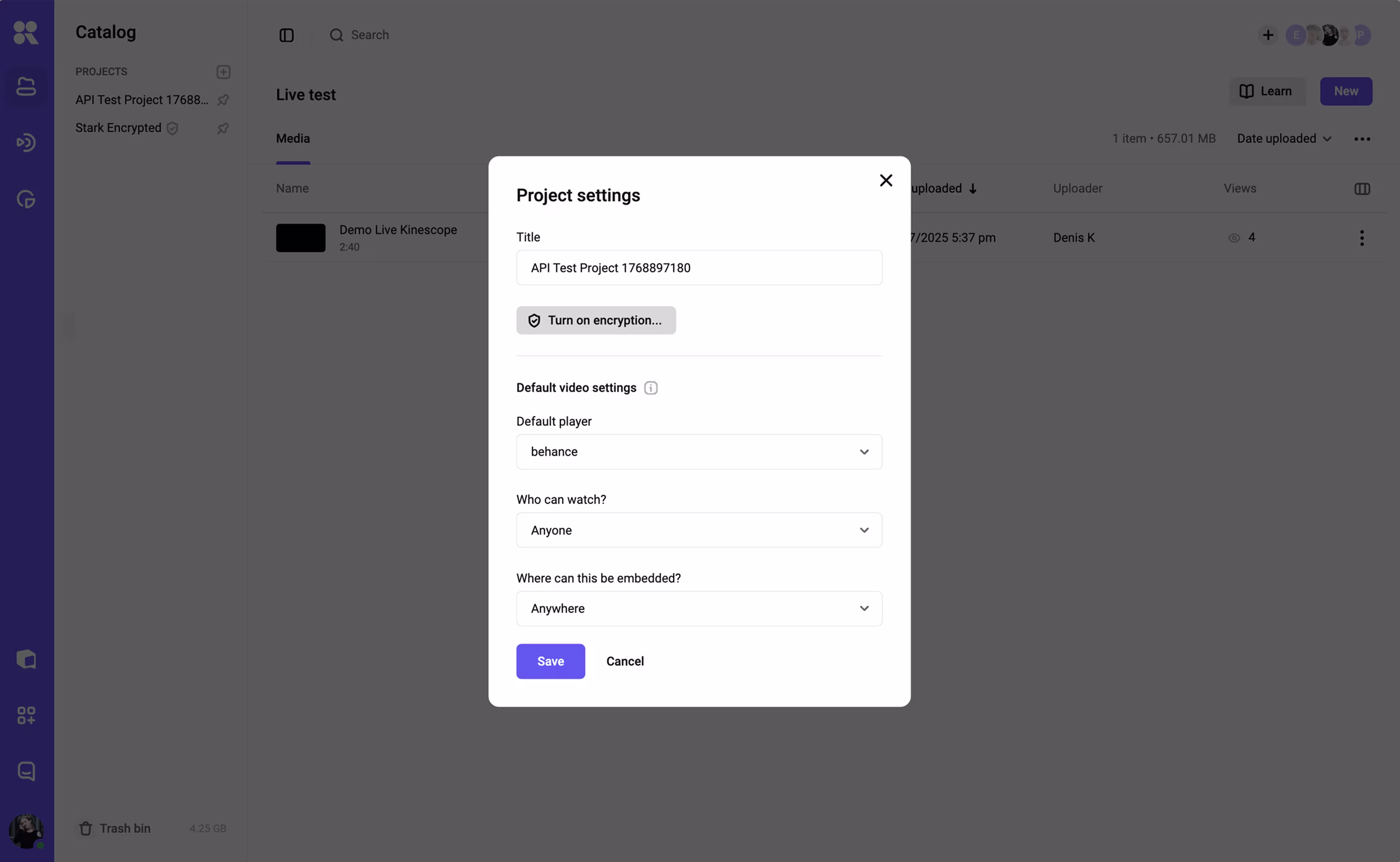 Turning on DRM for a project in Kinescope settings
