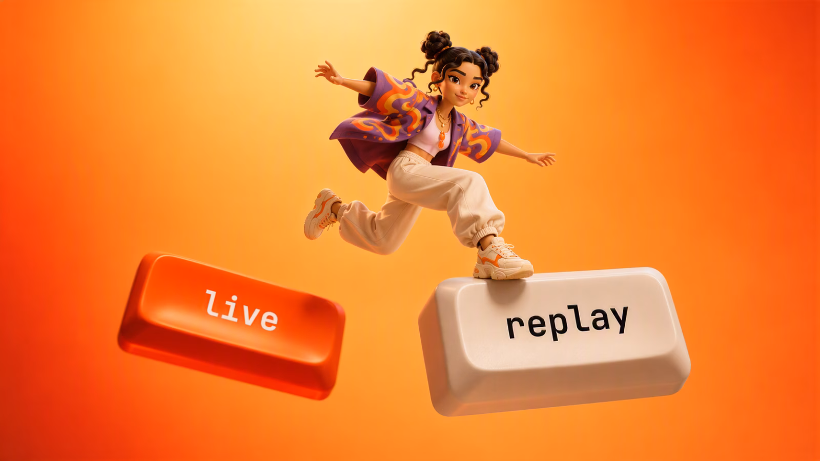 Illustrated woman jumping from a live key to a replay key on an orange background