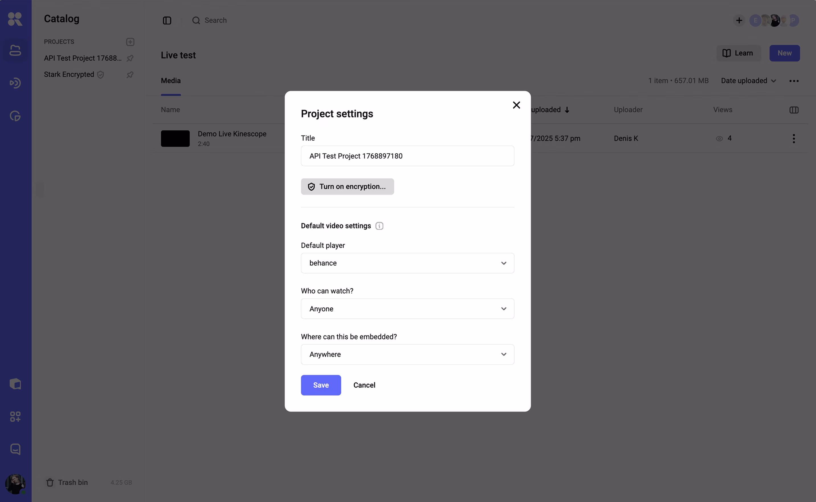 Project settings with the turn on encryption button above default video privacy and embedding settings