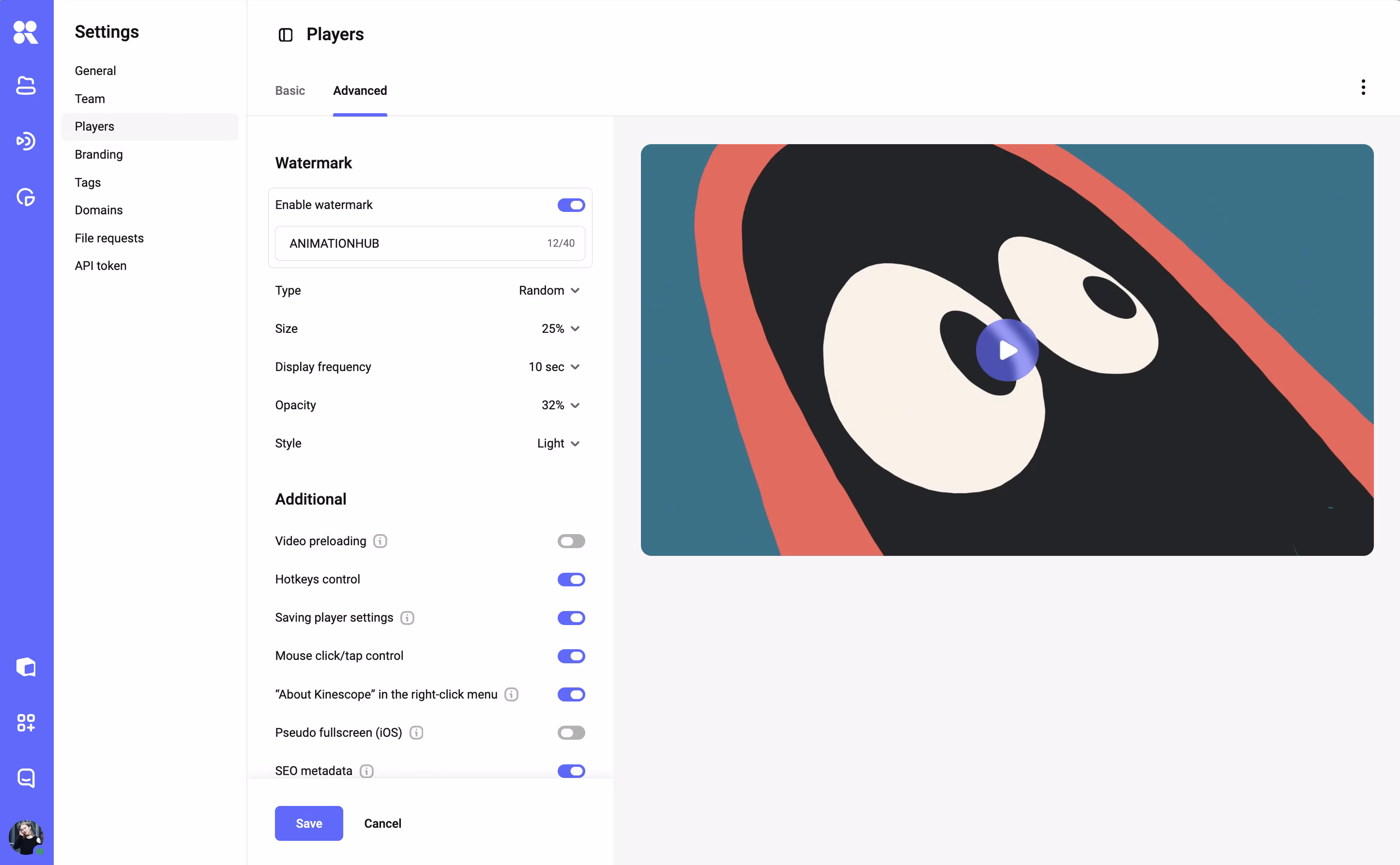 Player settings with a dynamic watermark enabled