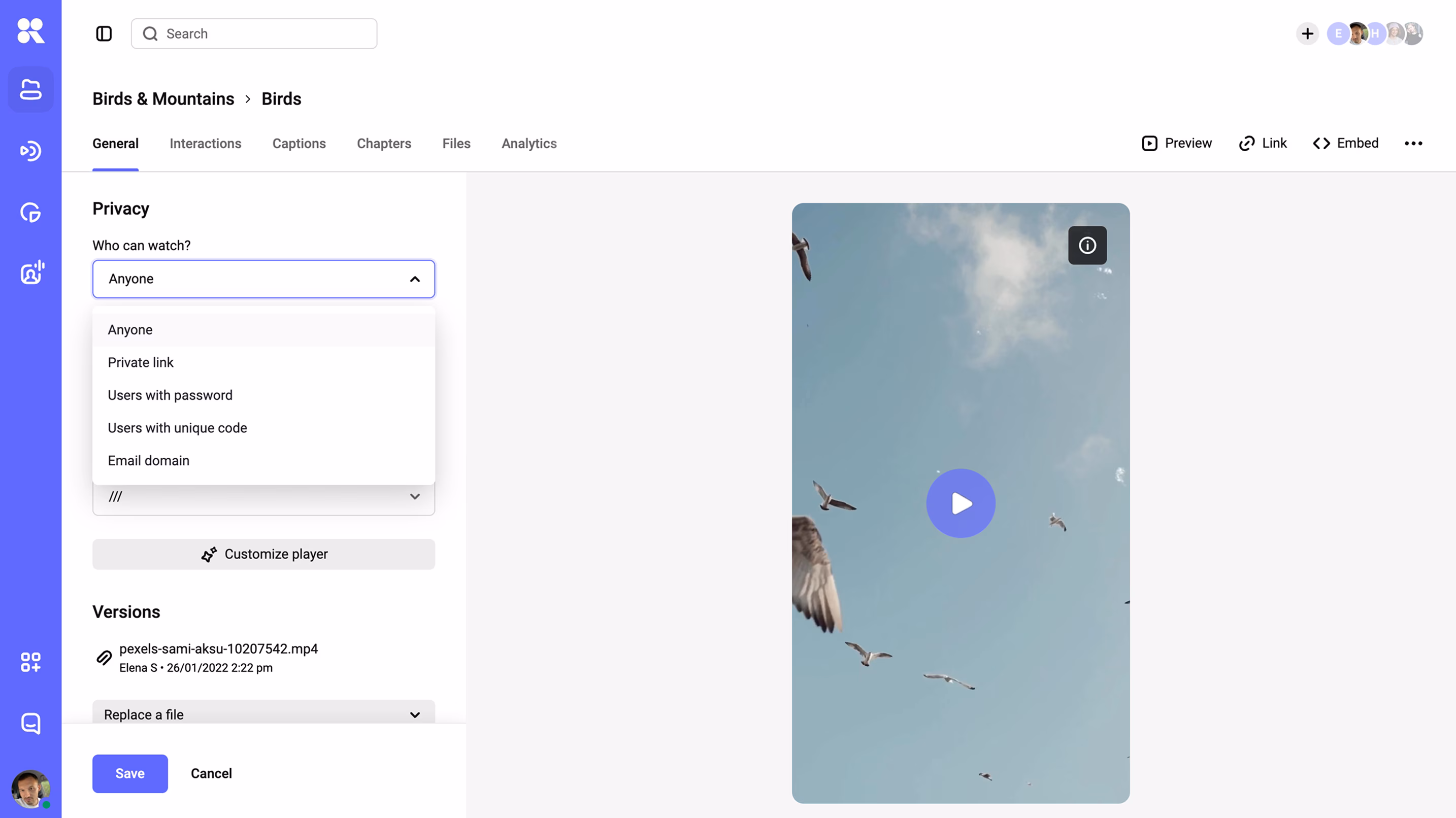 The who can watch dropdown open, showing five access levels from anyone to email domain