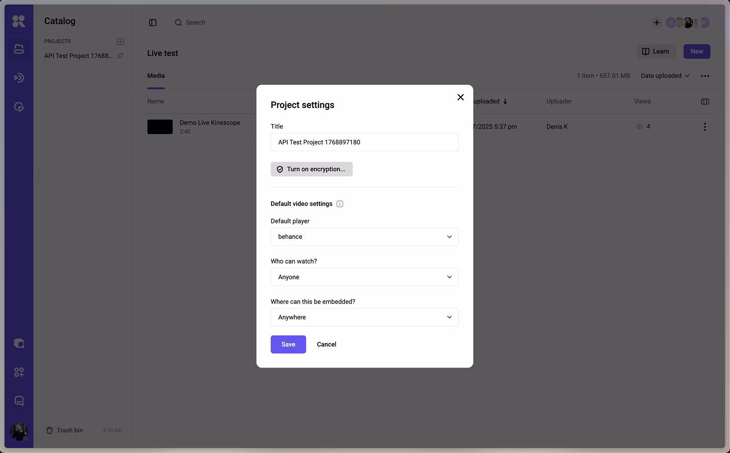 Kinescope project settings showing project-level encryption being switched on.