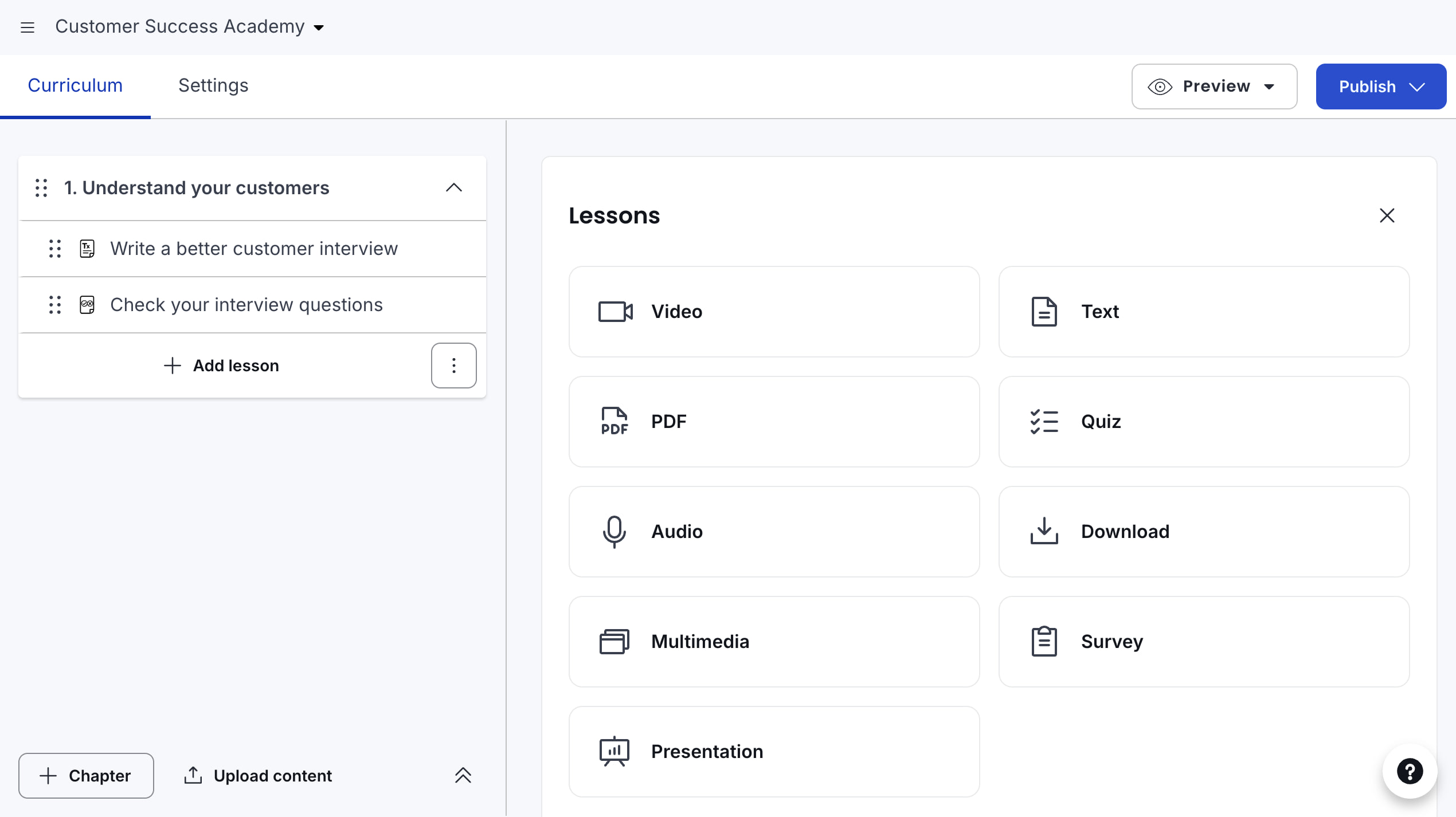 Thinkific Classic Course Builder with chapter navigation and the available lesson types
